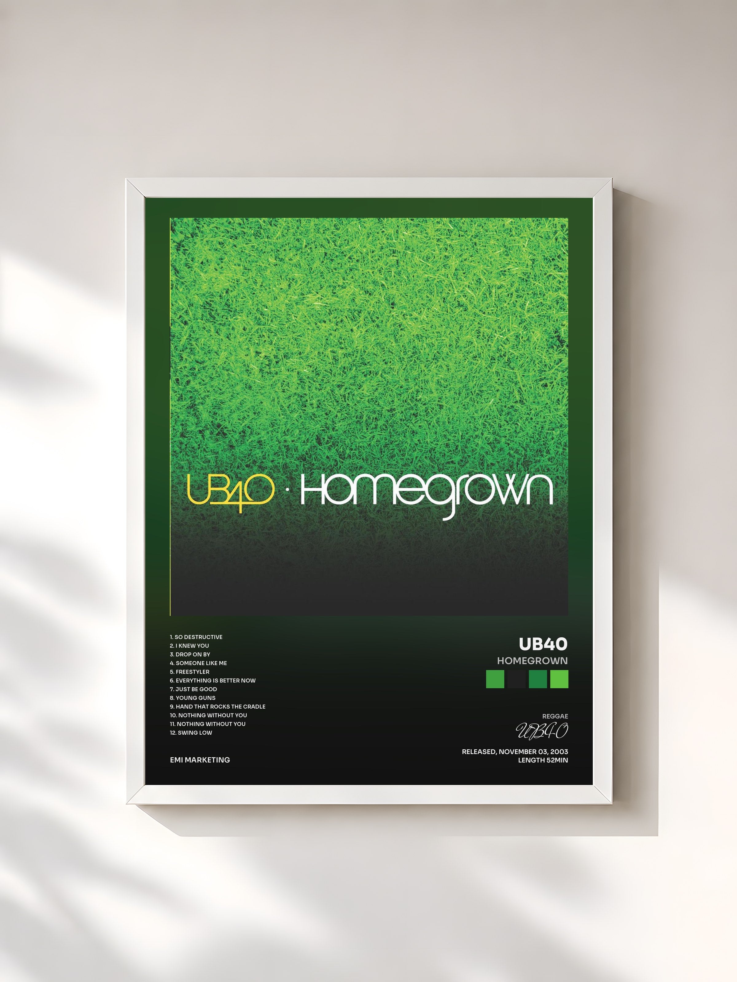 #blanc Tableau de l'album Homegrown de UB40, cadre blanc, imprimé et encadré en France