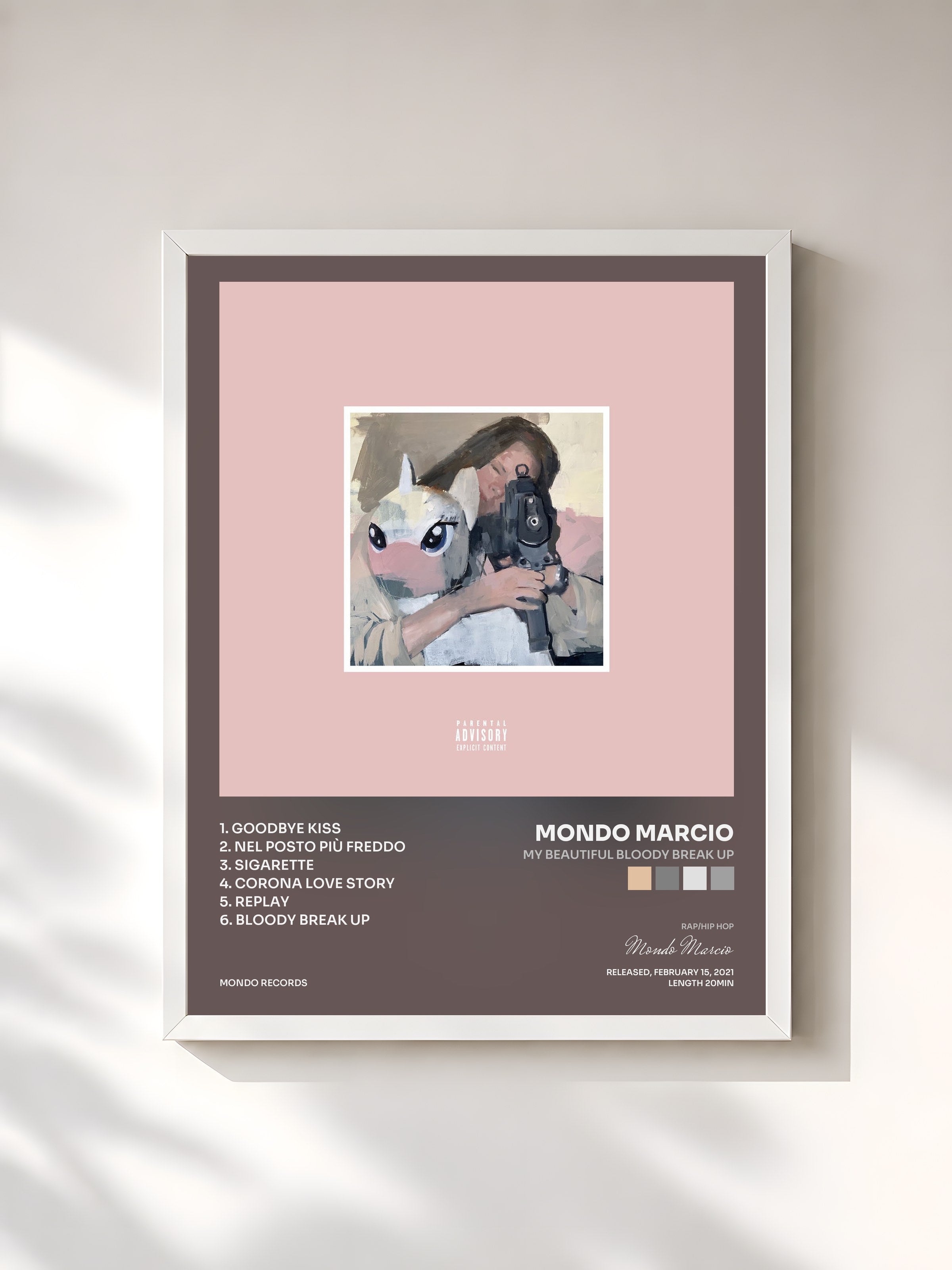 #blanc Tableau de l'album My Beautiful Bloody Break Up de Mondo Marcio, cadre blanc, imprimé et encadré en France