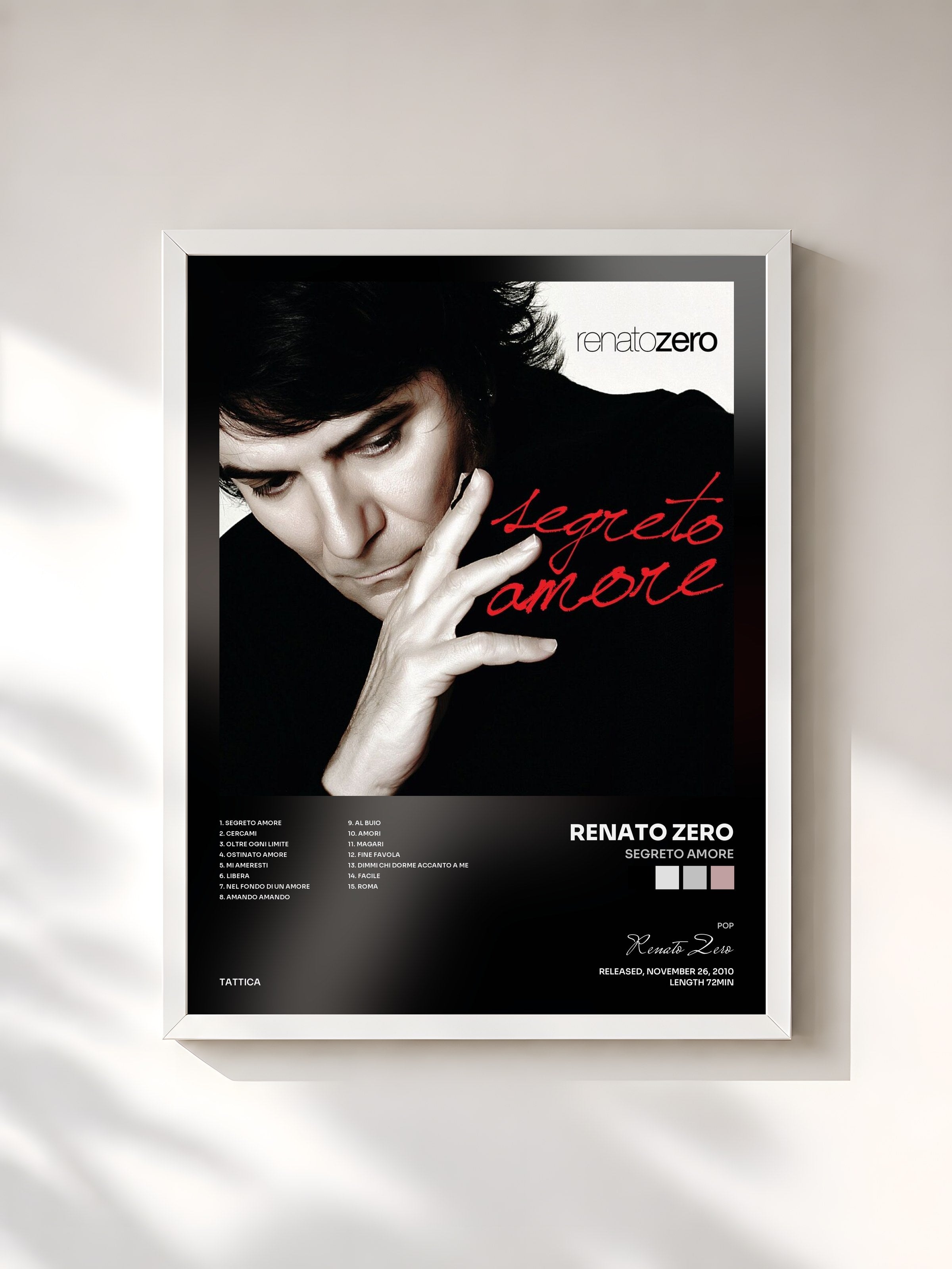 #blanc Tableau de l'album Segreto Amore de Renato Zero, cadre blanc, imprimé et encadré en France