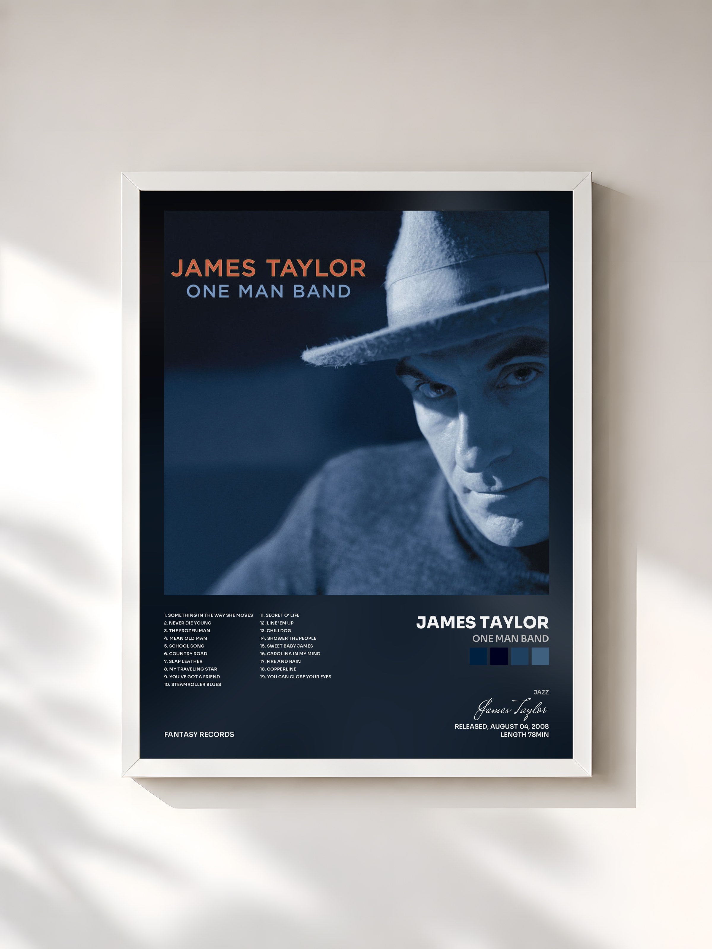 #blanc Tableau de l'album One Man Band de James Taylor, cadre blanc, imprimé et encadré en France