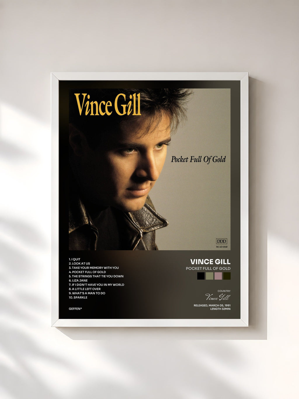 #blanc Pocket Full Of Gold by Vince Gill as a framed art print, white frame, printed and framed in France