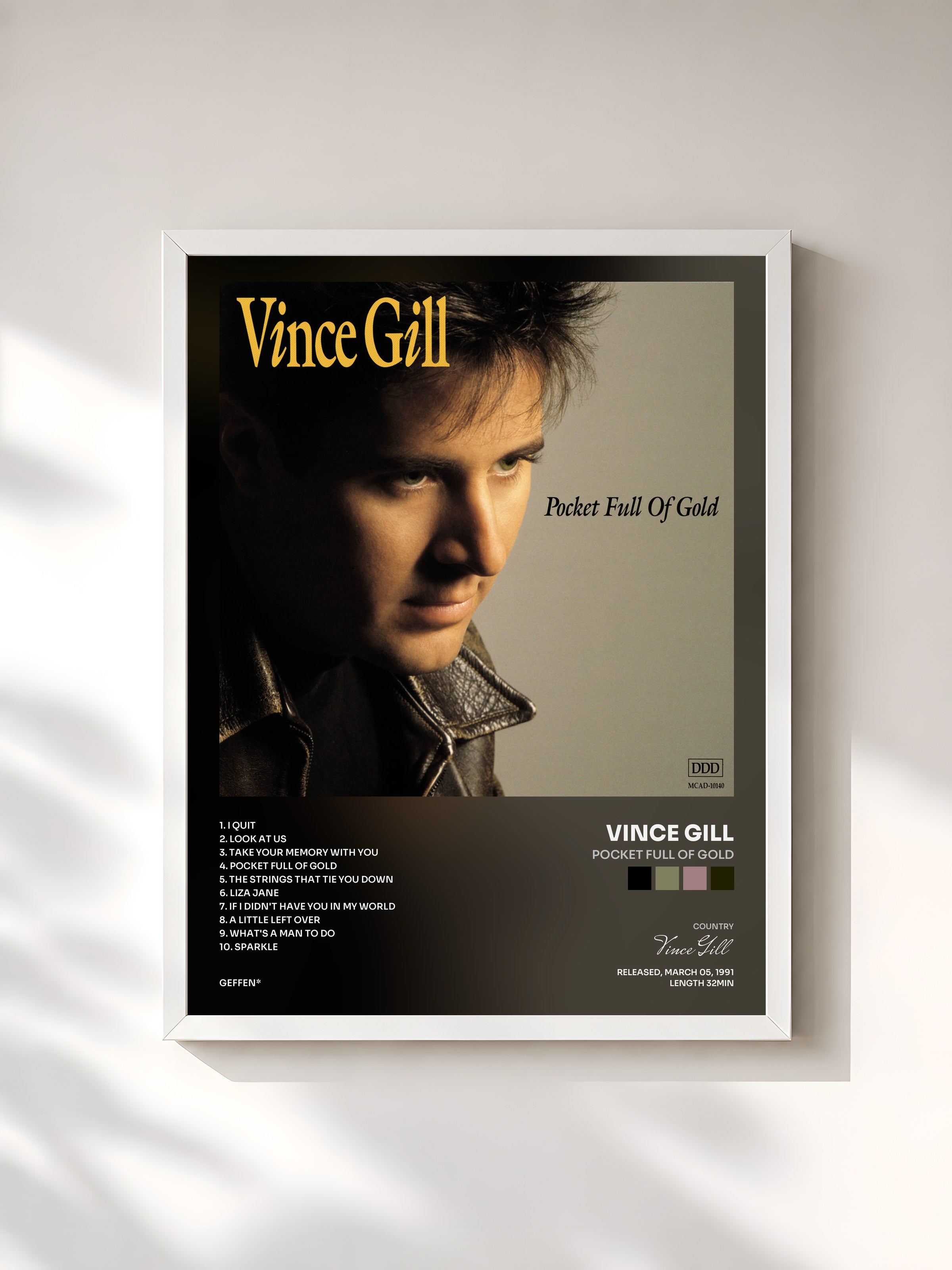#blanc Tableau de l'album Pocket Full Of Gold de Vince Gill, cadre blanc, imprimé et encadré en France