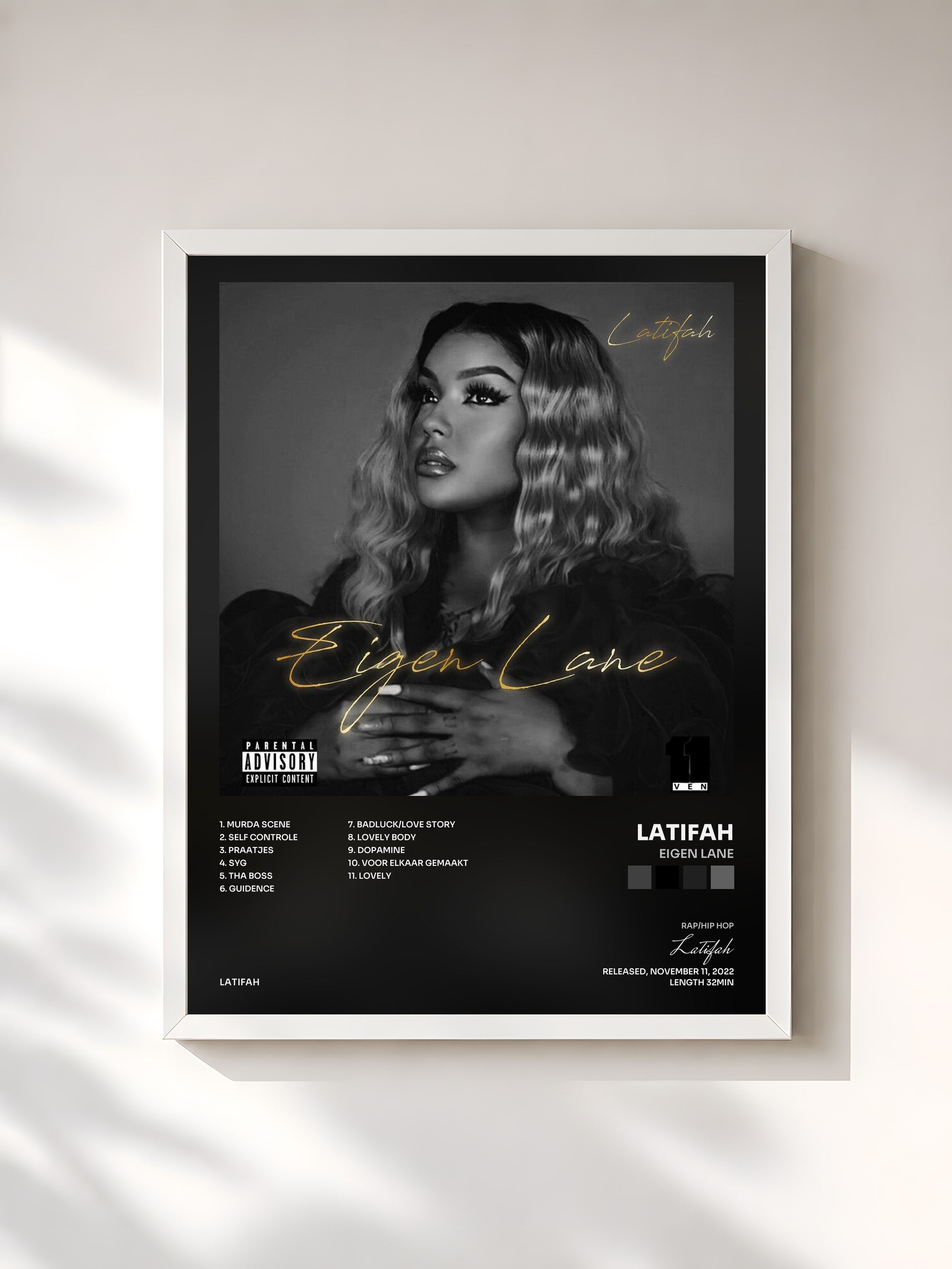 #blanc Tableau de l'album EIGEN LANE de Latifah, cadre blanc, imprimé et encadré en France