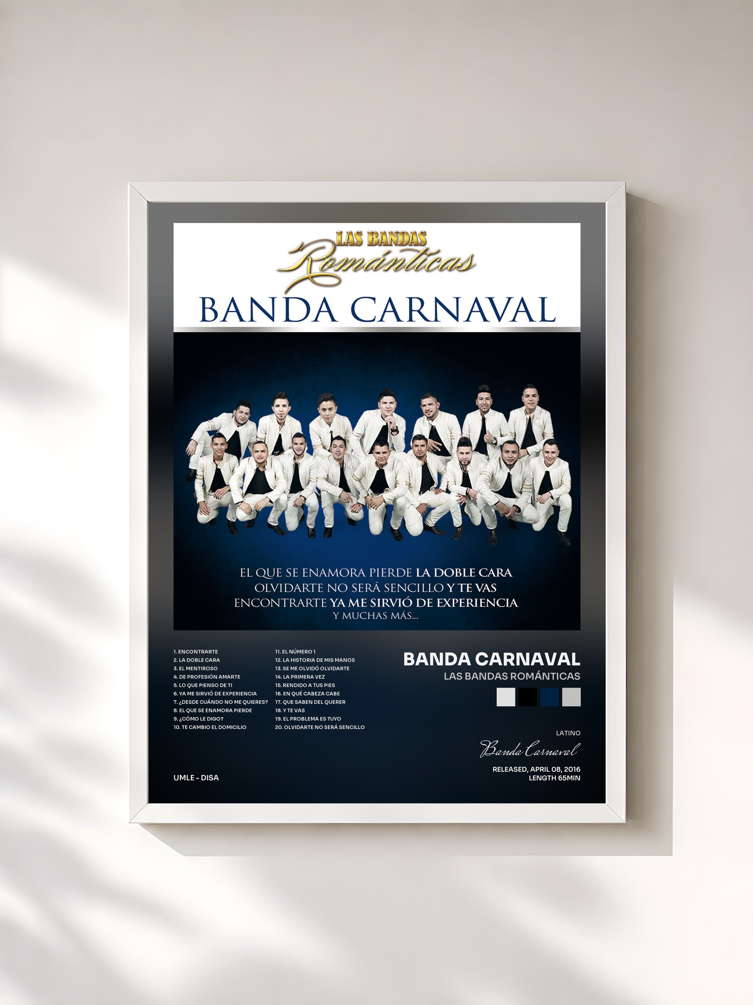 #blanc Tableau de l'album Las Bandas Románticas de Banda Carnaval, cadre blanc, imprimé et encadré en France