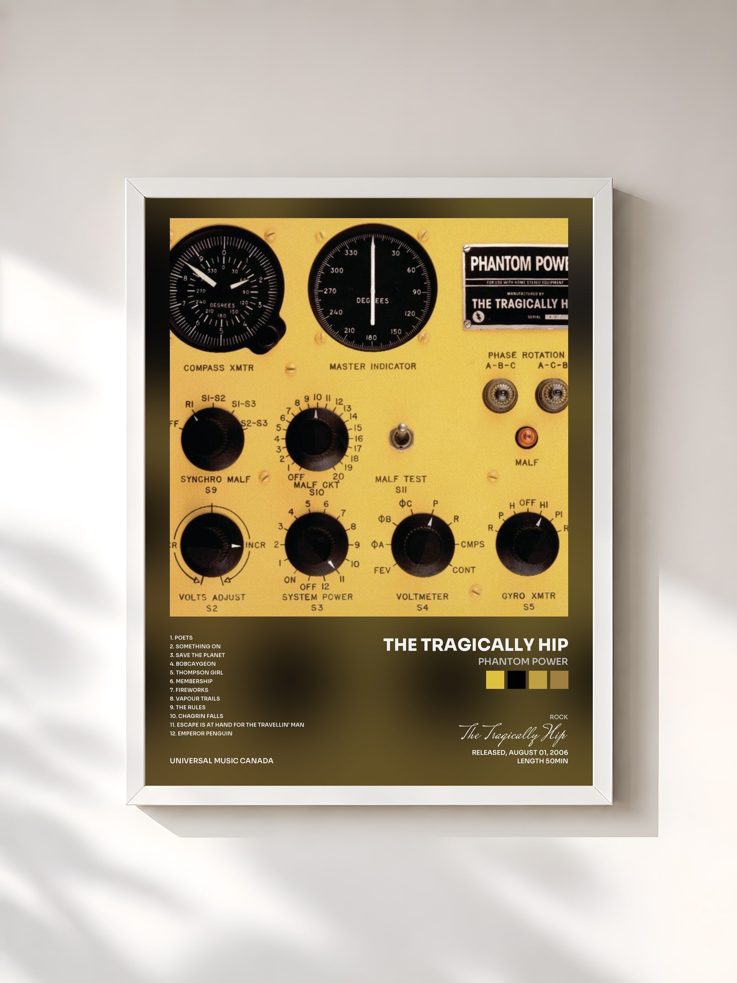 #blanc Tableau de l'album Phantom Power de The Tragically Hip, cadre blanc, imprimé et encadré en France