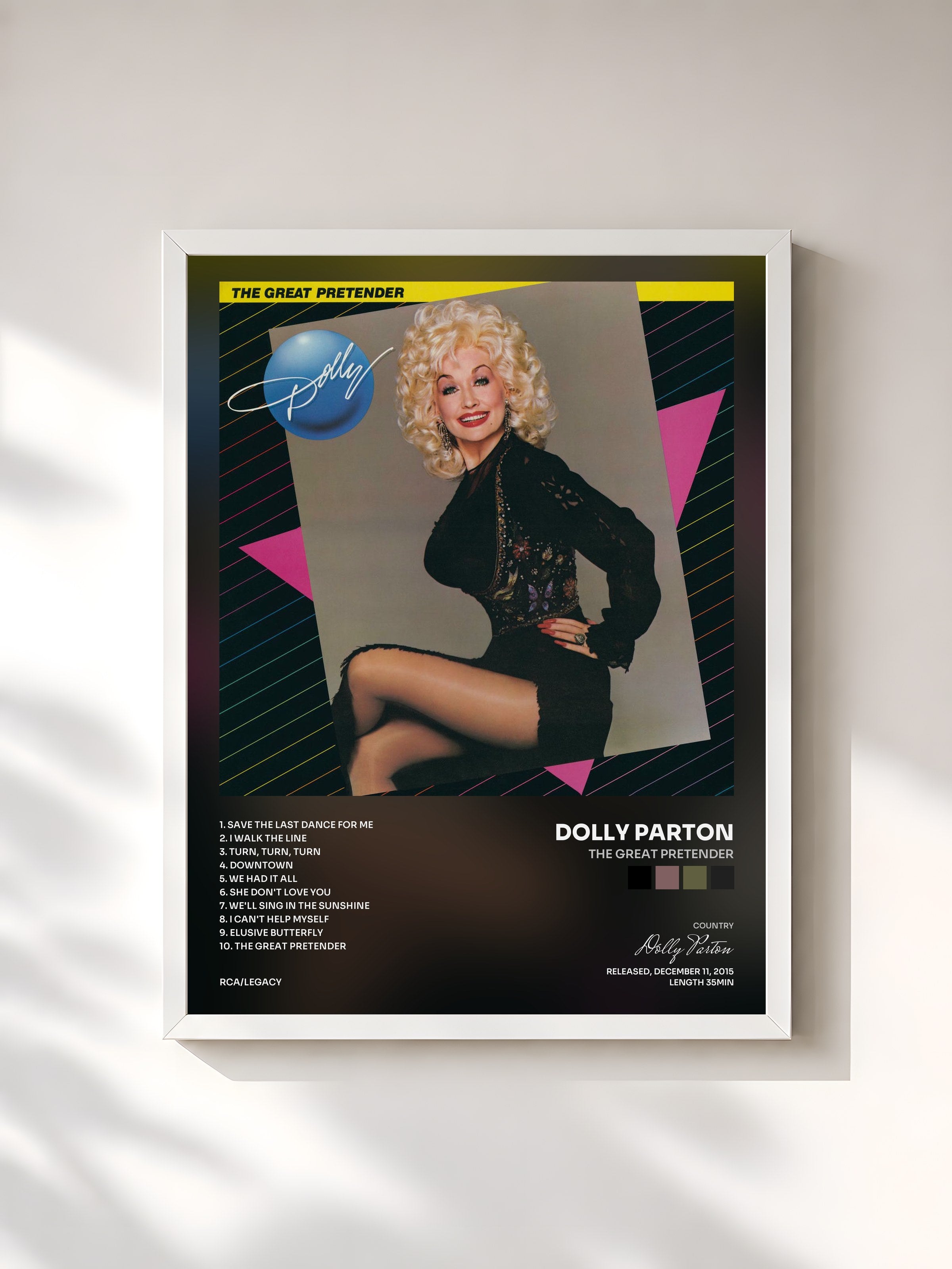 #blanc Tableau de l'album The Great Pretender de Dolly Parton, cadre blanc, imprimé et encadré en France