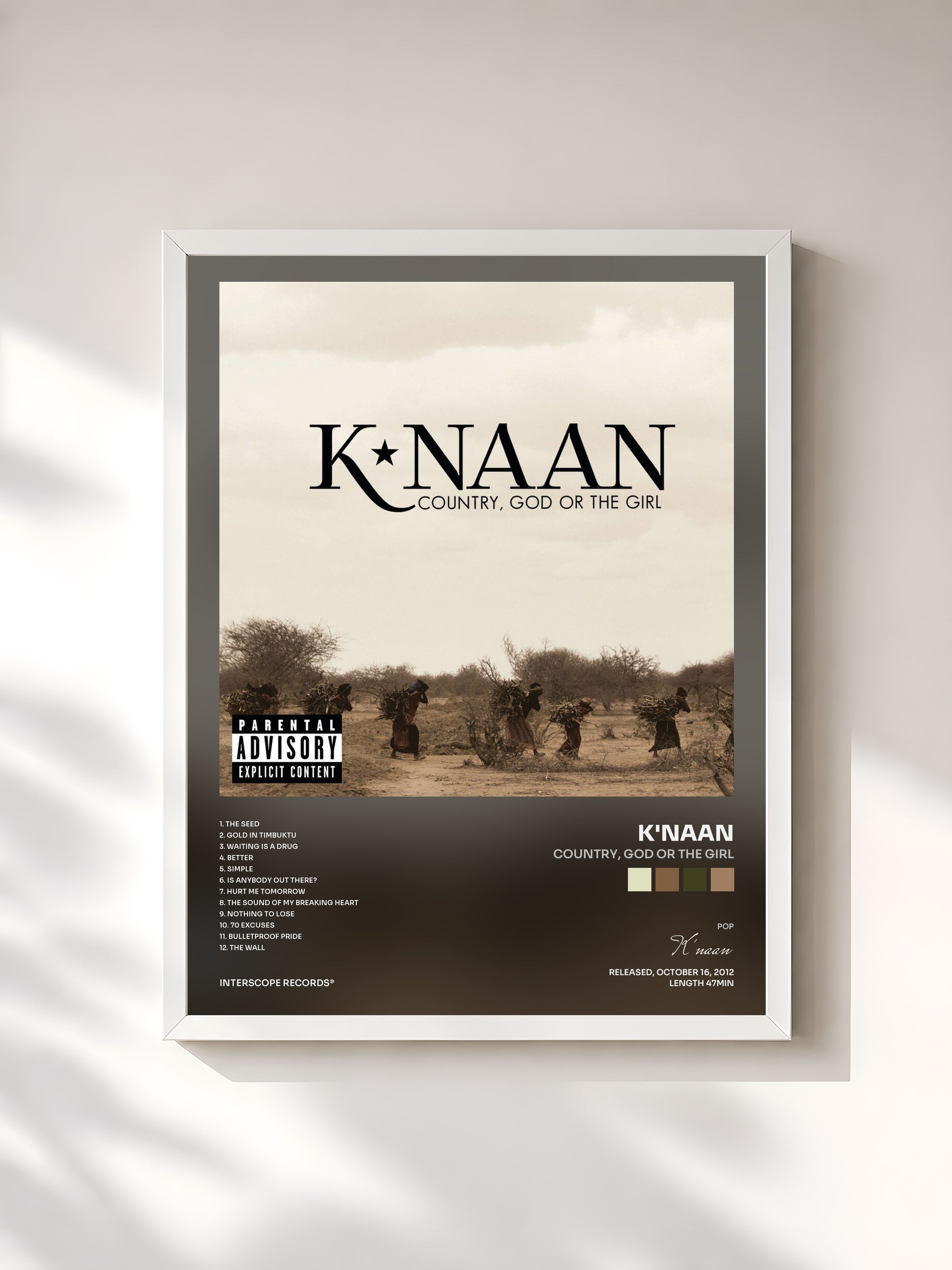 #blanc Tableau de l'album Country, God Or The Girl de K'naan, cadre blanc, imprimé et encadré en France