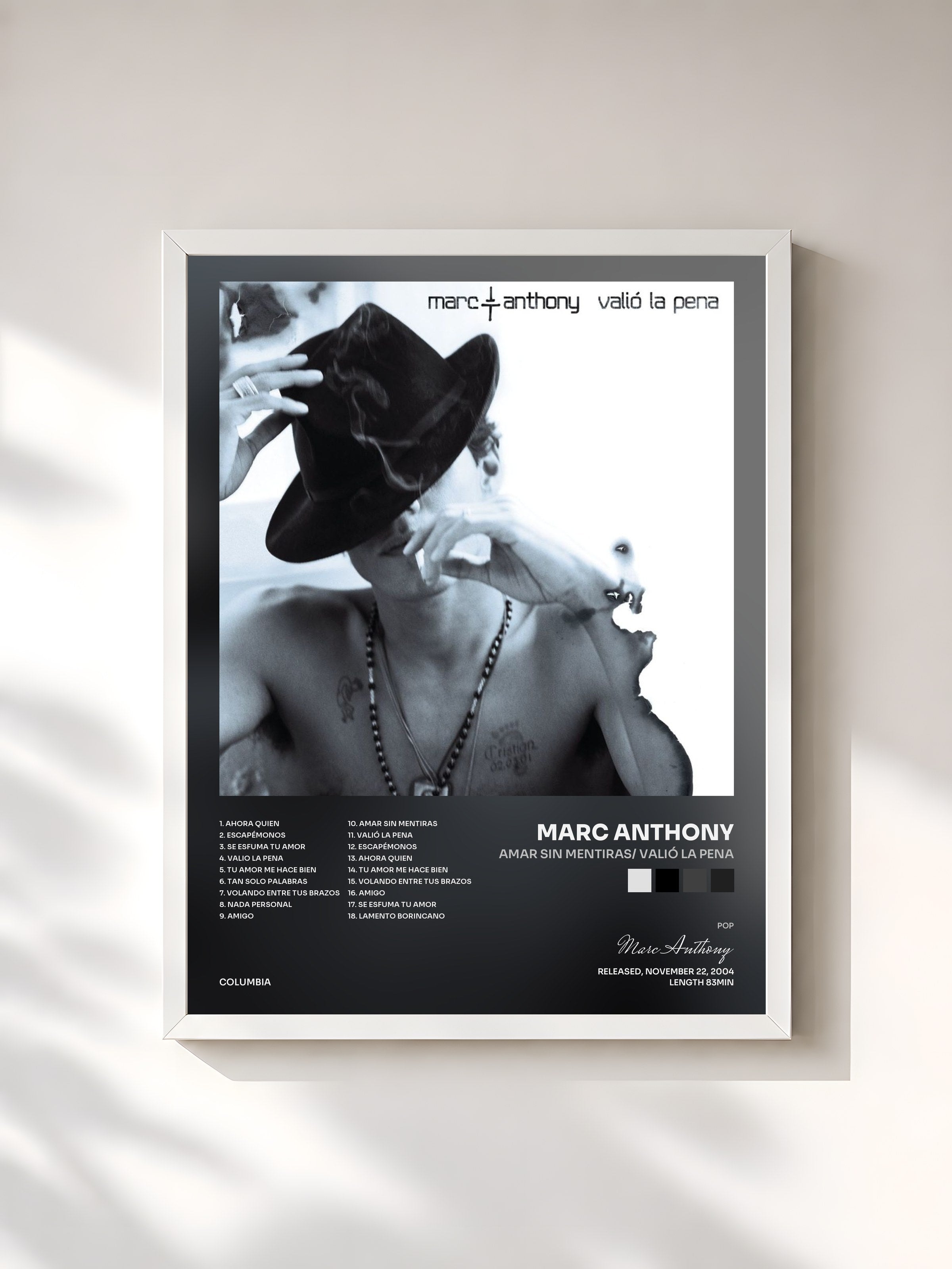 #blanc Tableau de l'album Amar Sin Mentiras/ Valió La Pena de Marc Anthony, cadre blanc, imprimé et encadré en France