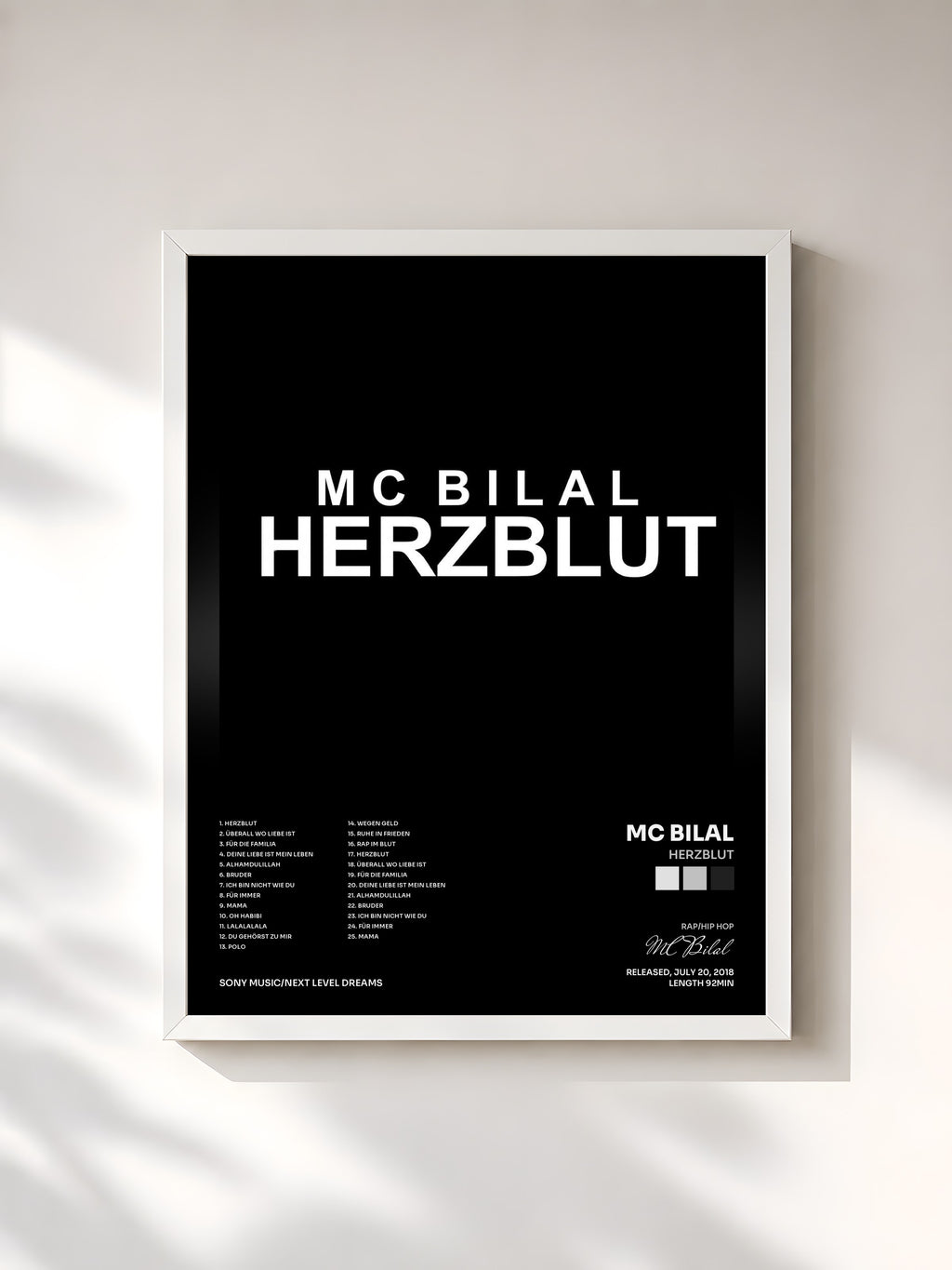 #blanc Tableau de l'album Herzblut de MC Bilal, cadre blanc, imprimé et encadré en France