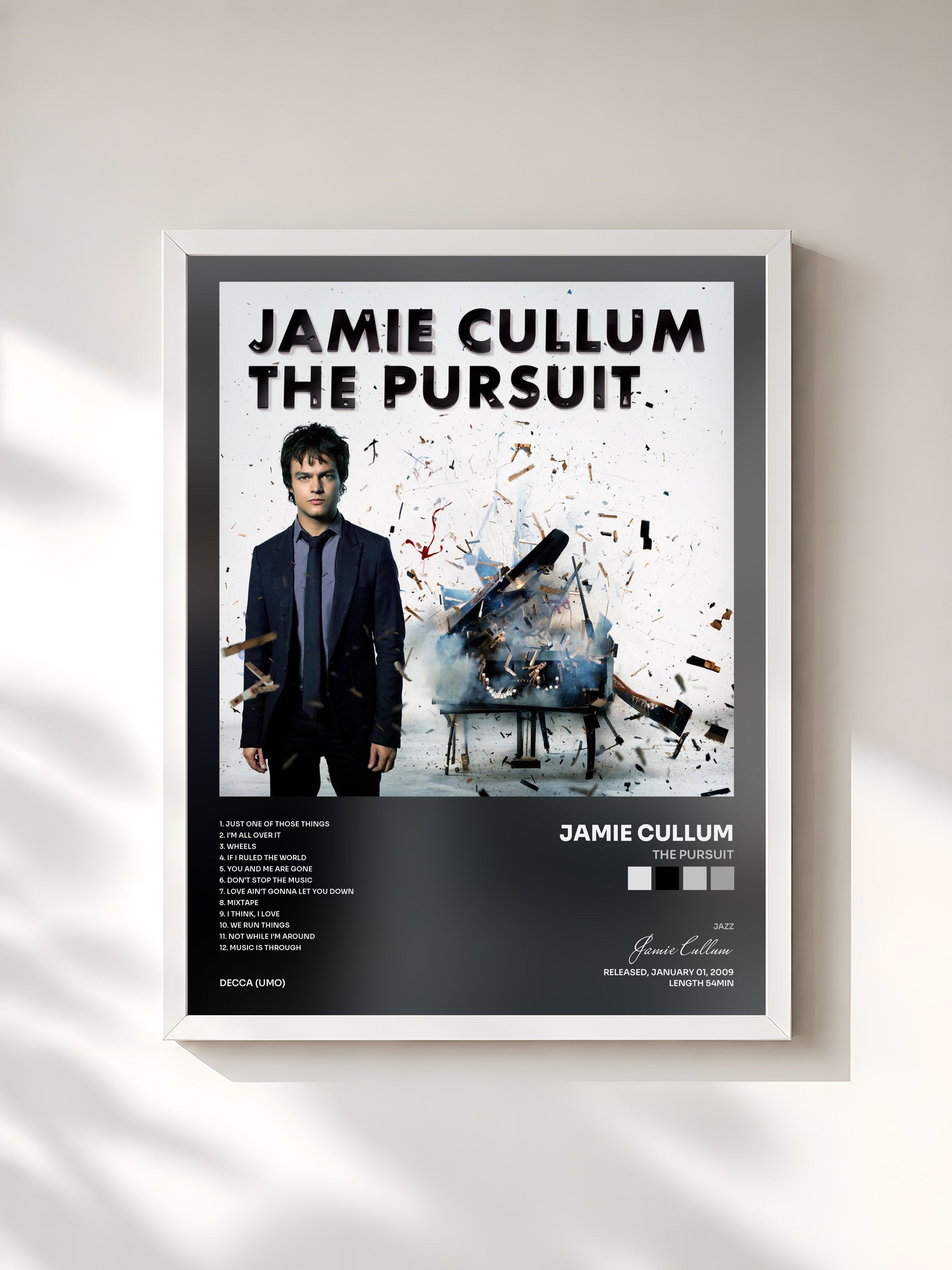 #blanc Tableau de l'album The Pursuit de Jamie Cullum, cadre blanc, imprimé et encadré en France