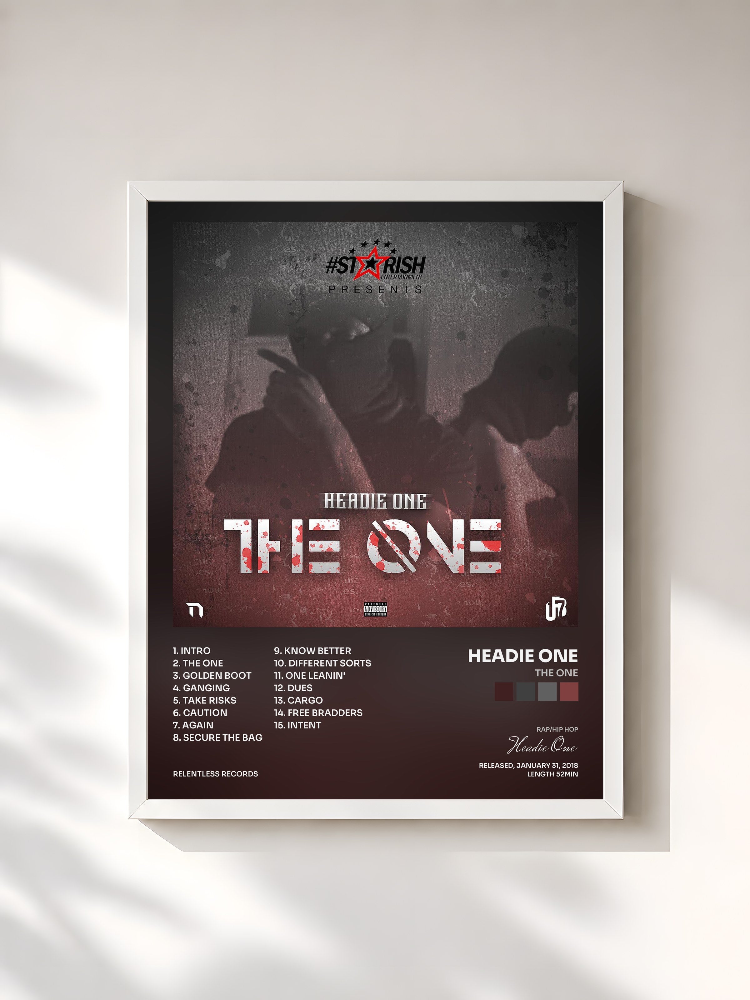 #blanc Tableau de l'album The One de Headie One, cadre blanc, imprimé et encadré en France