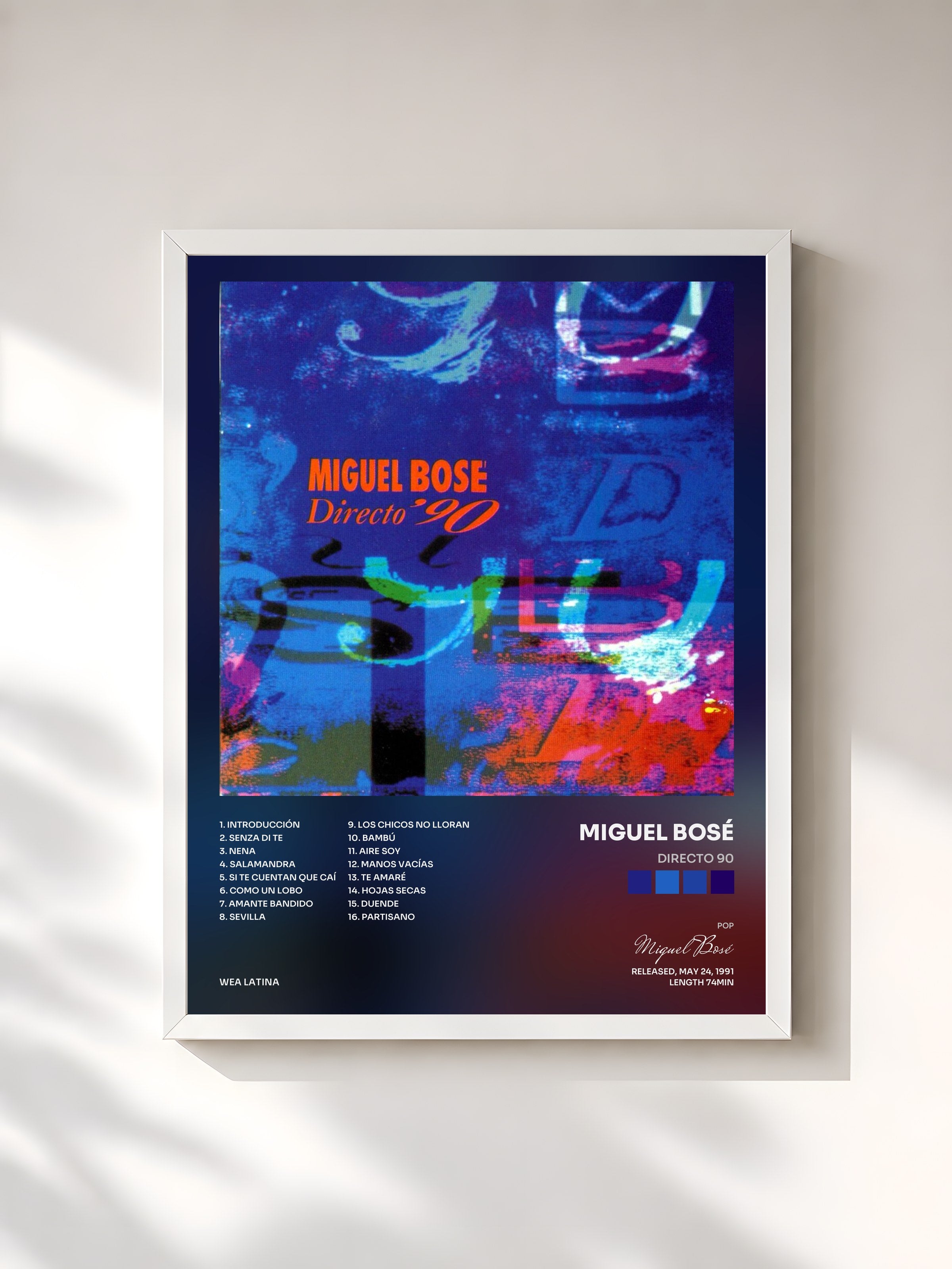 #blanc Tableau de l'album Directo 90 de Miguel Bosé, cadre blanc, imprimé et encadré en France