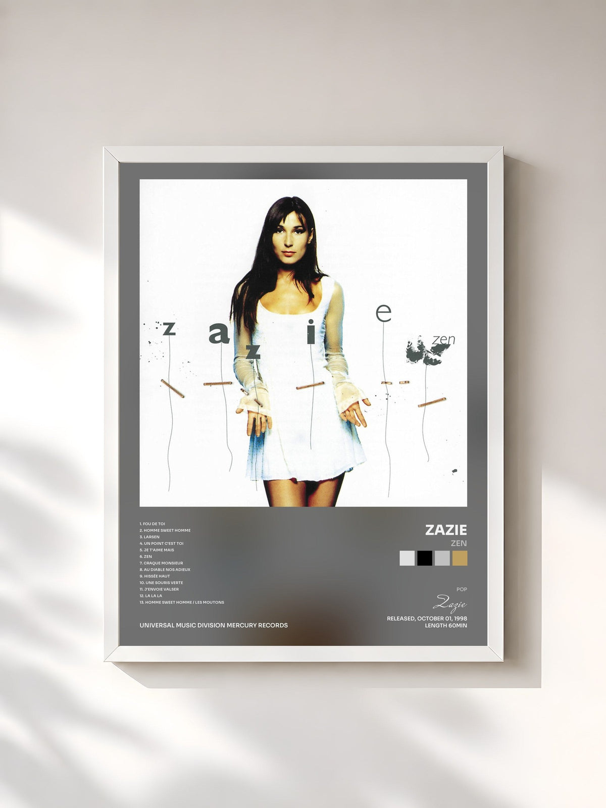 #blanc Tableau de l'album Zen de Zazie, cadre blanc, imprimé et encadré en France