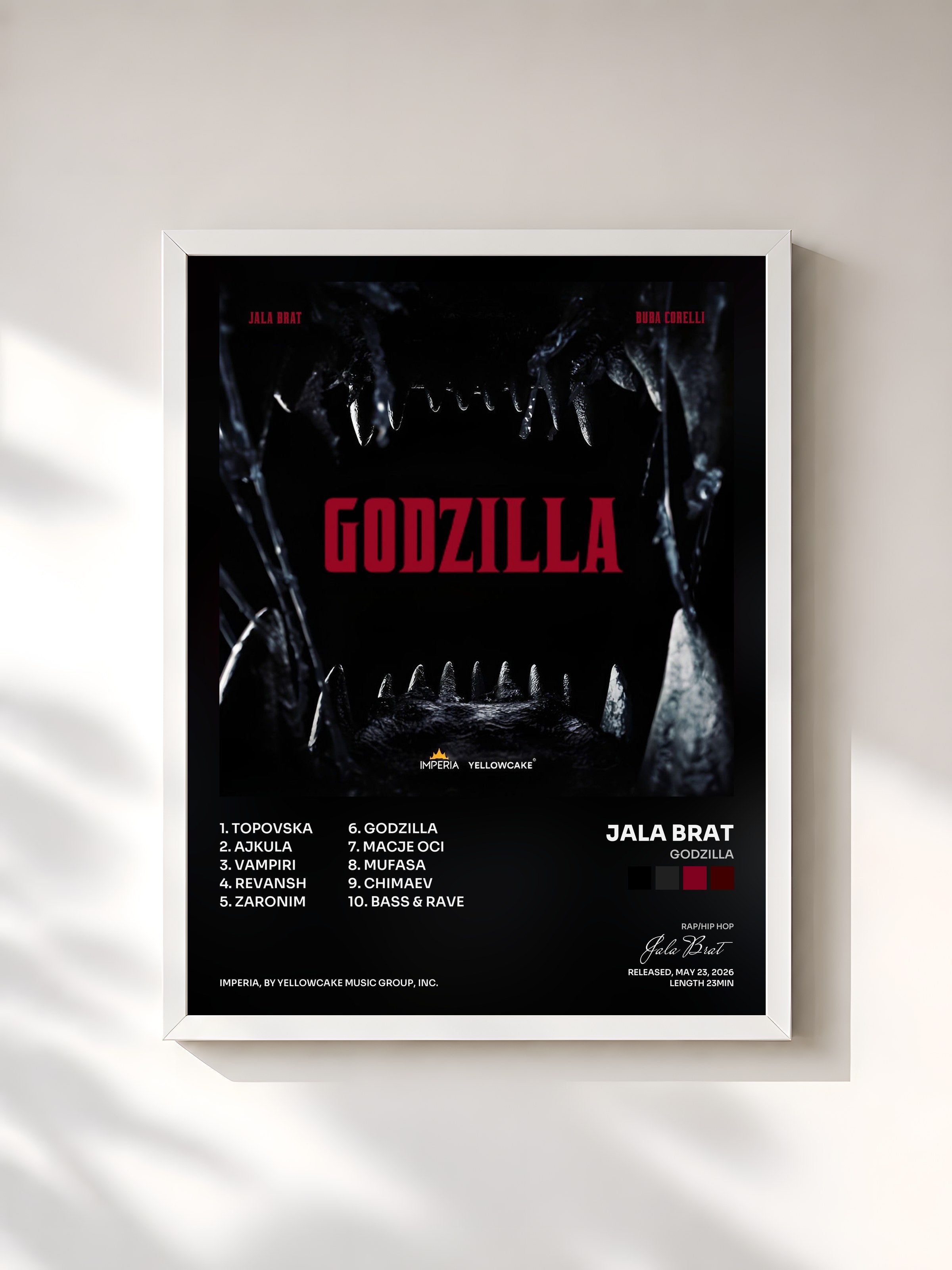 #blanc Tableau de l'album GODZILLA de Jala Brat, cadre blanc, imprimé et encadré en France