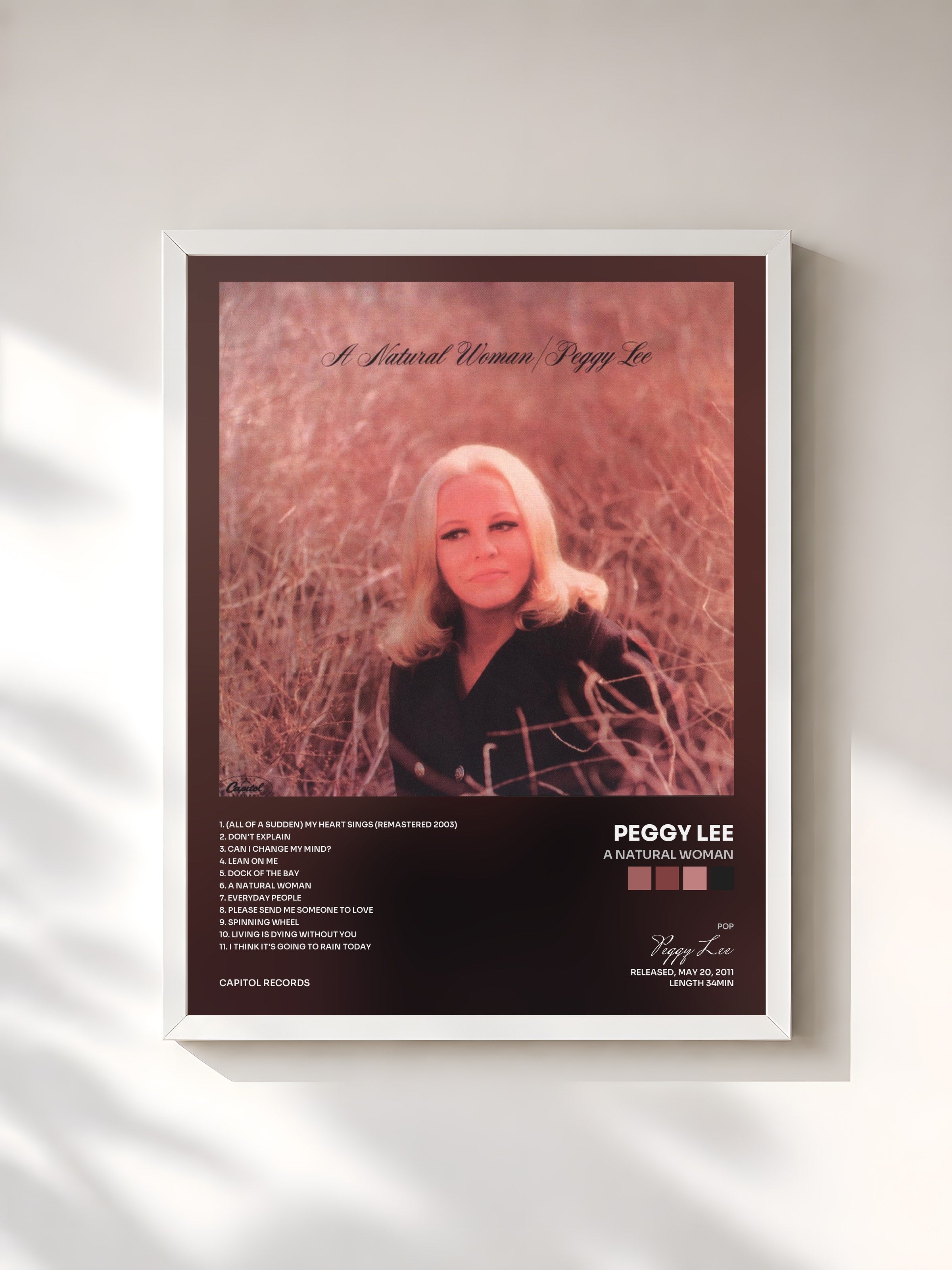 #blanc Tableau de l'album A Natural Woman de Peggy Lee, cadre blanc, imprimé et encadré en France