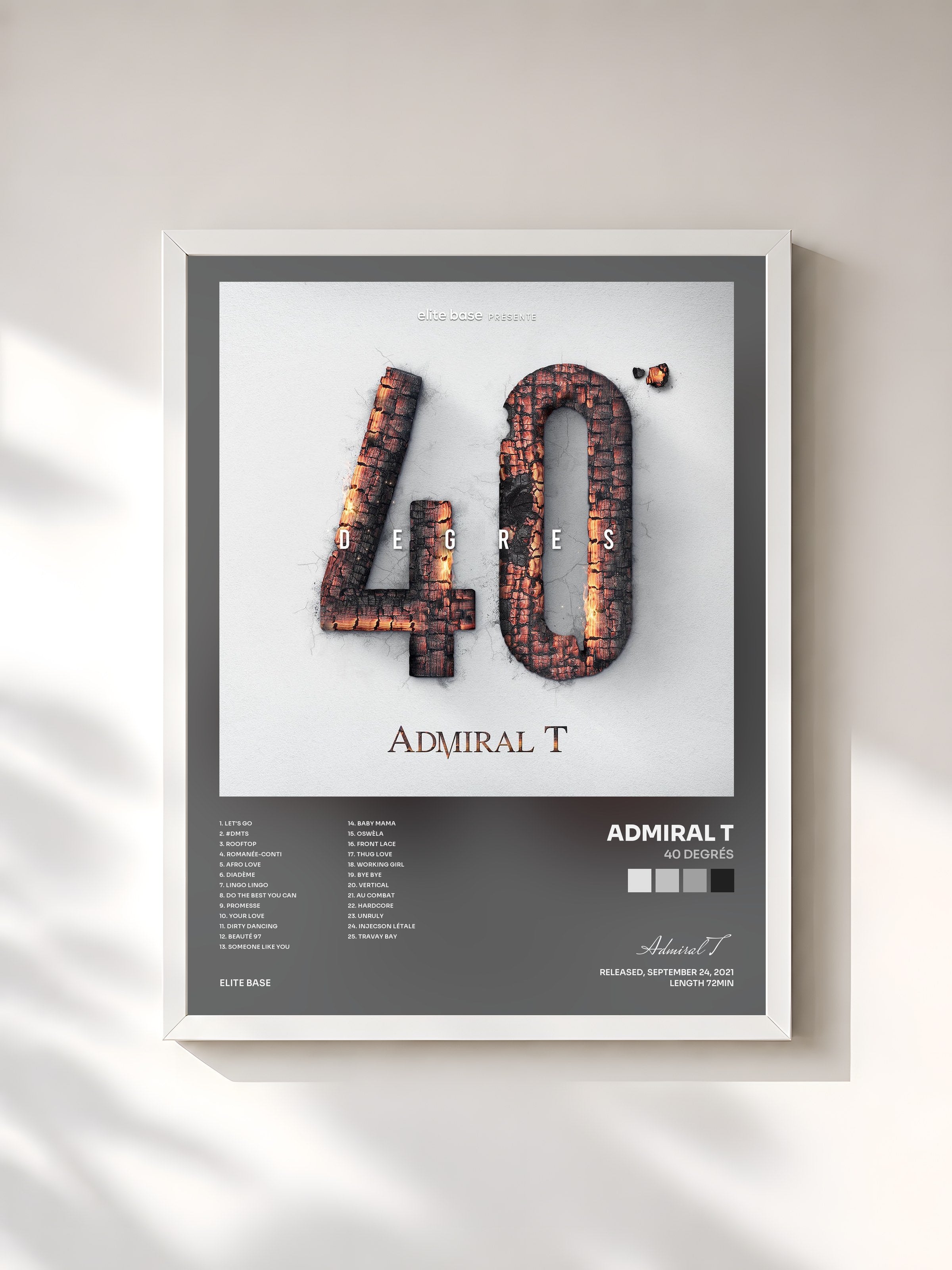 #blanc Tableau de l'album 40 Degrés de Admiral T, cadre blanc, imprimé et encadré en France