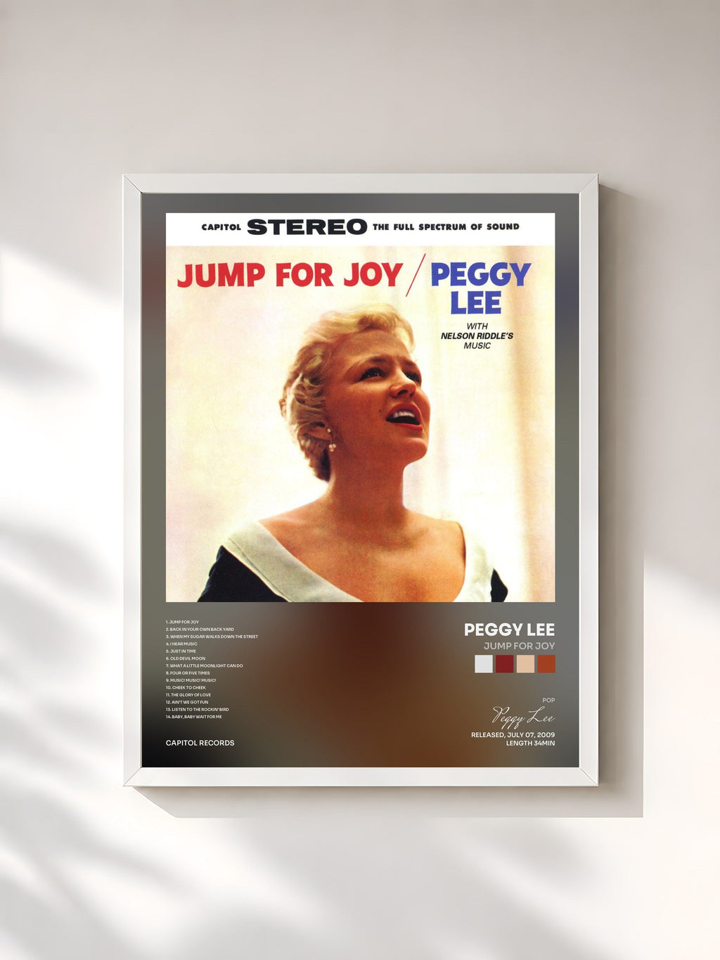 #blanc Tableau de l'album Jump For Joy de Peggy Lee, cadre blanc, imprimé et encadré en France