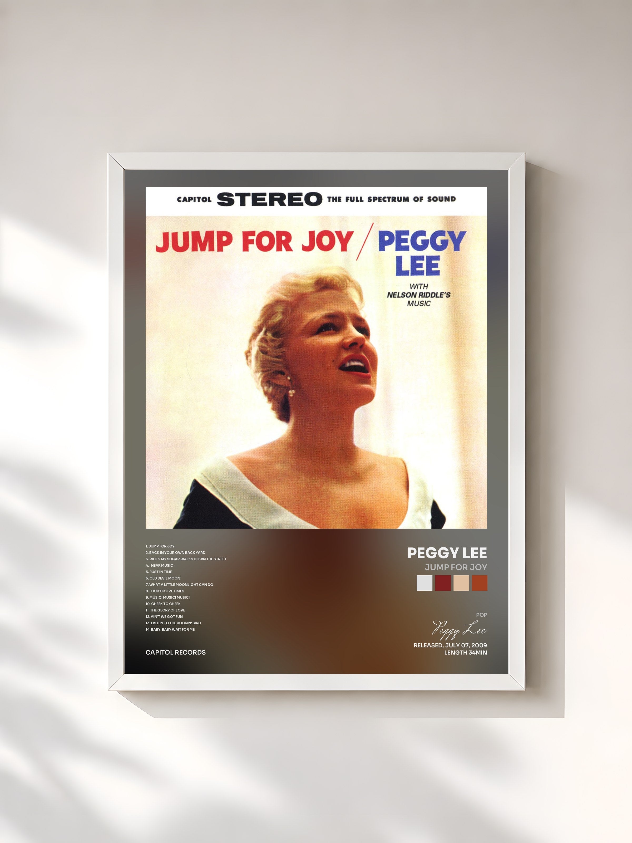 #blanc Tableau de l'album Jump For Joy de Peggy Lee, cadre blanc, imprimé et encadré en France