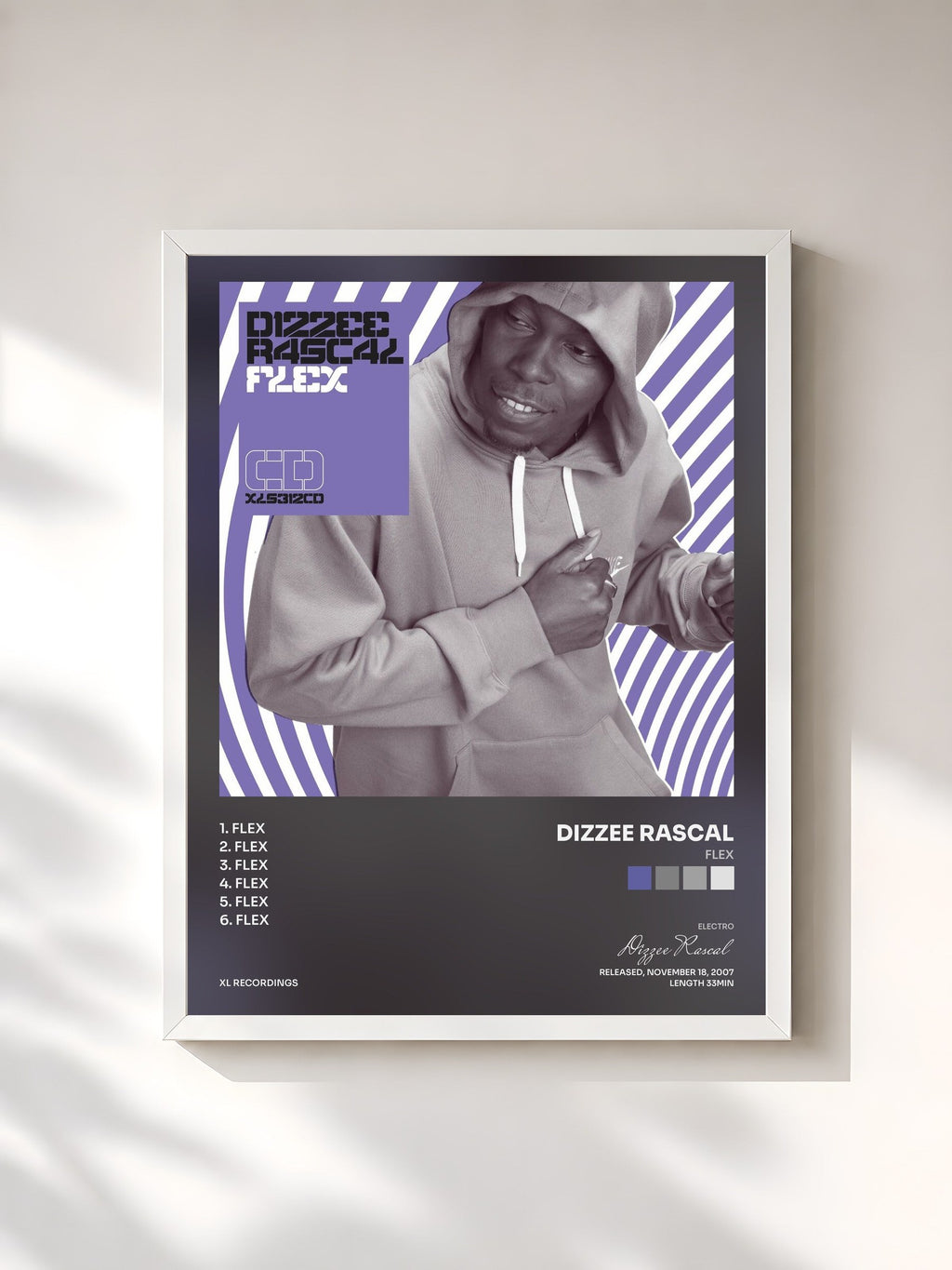 #blanc Tableau de l'album Flex de Dizzee Rascal, cadre blanc, imprimé et encadré en France