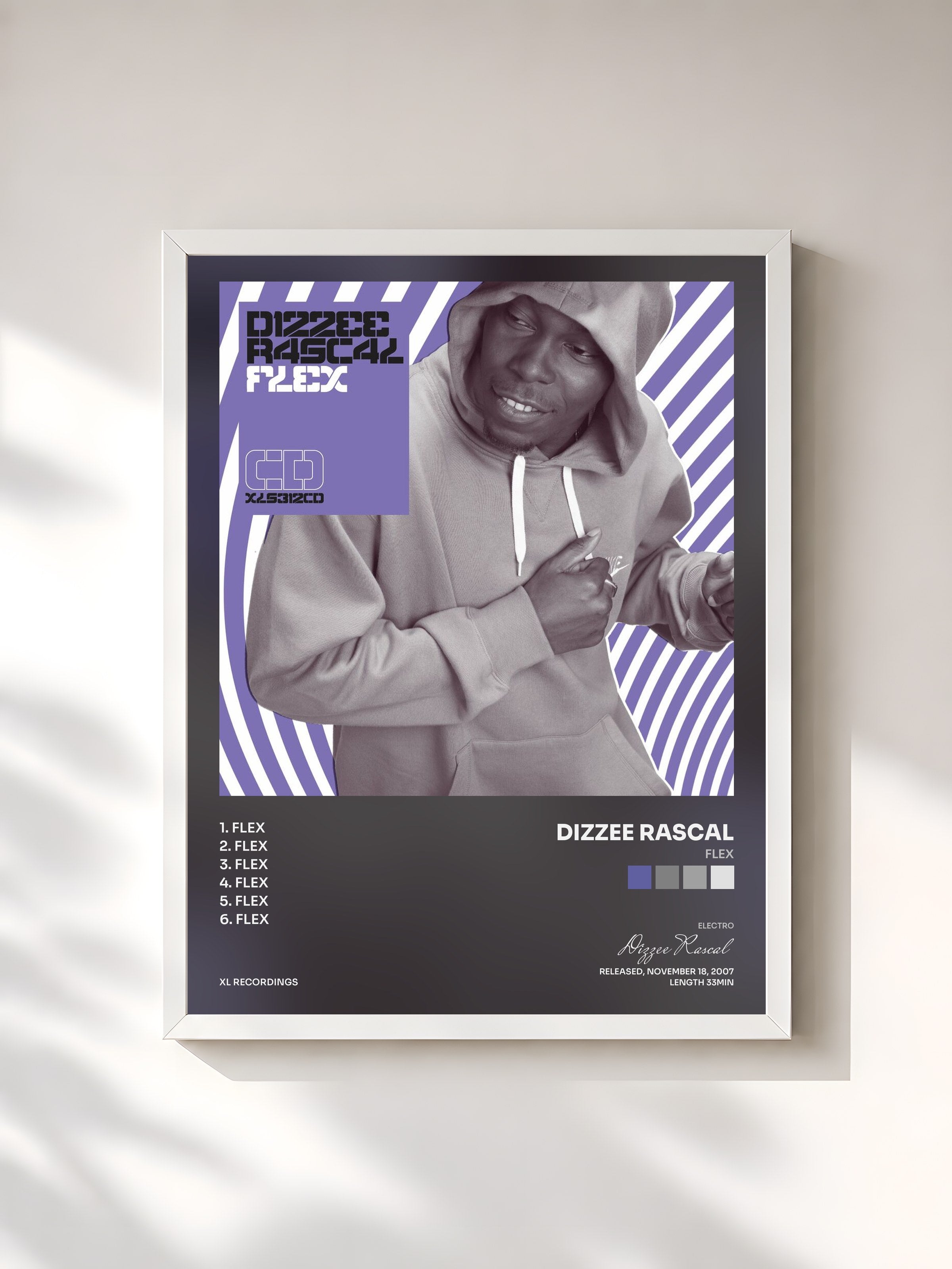 #blanc Tableau de l'album Flex de Dizzee Rascal, cadre blanc, imprimé et encadré en France
