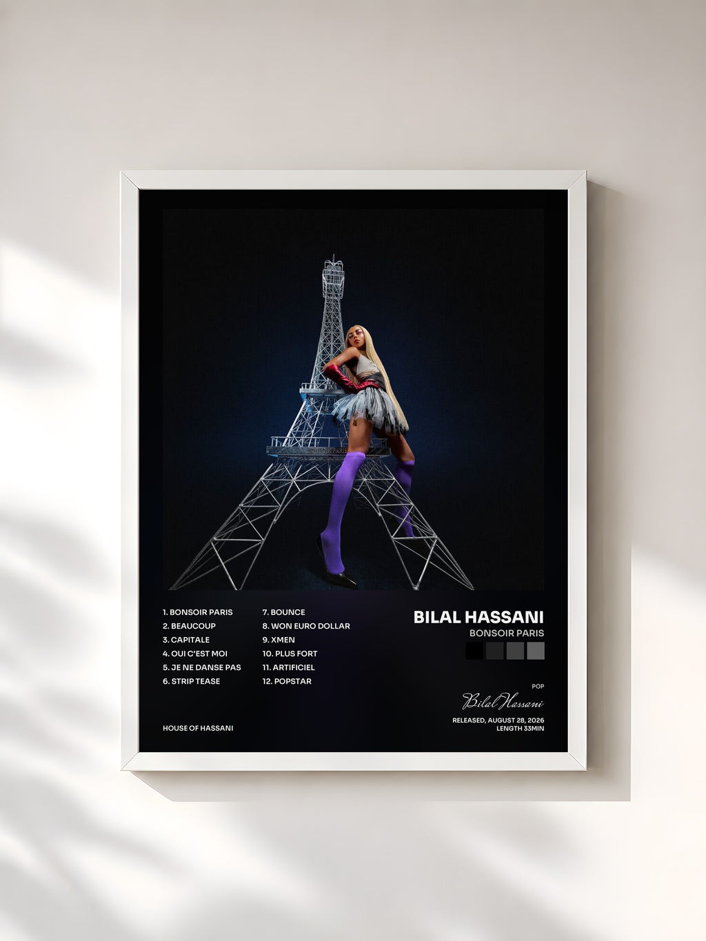 #blanc Tableau de l'album Bonsoir Paris de Bilal Hassani, cadre blanc, imprimé et encadré en France