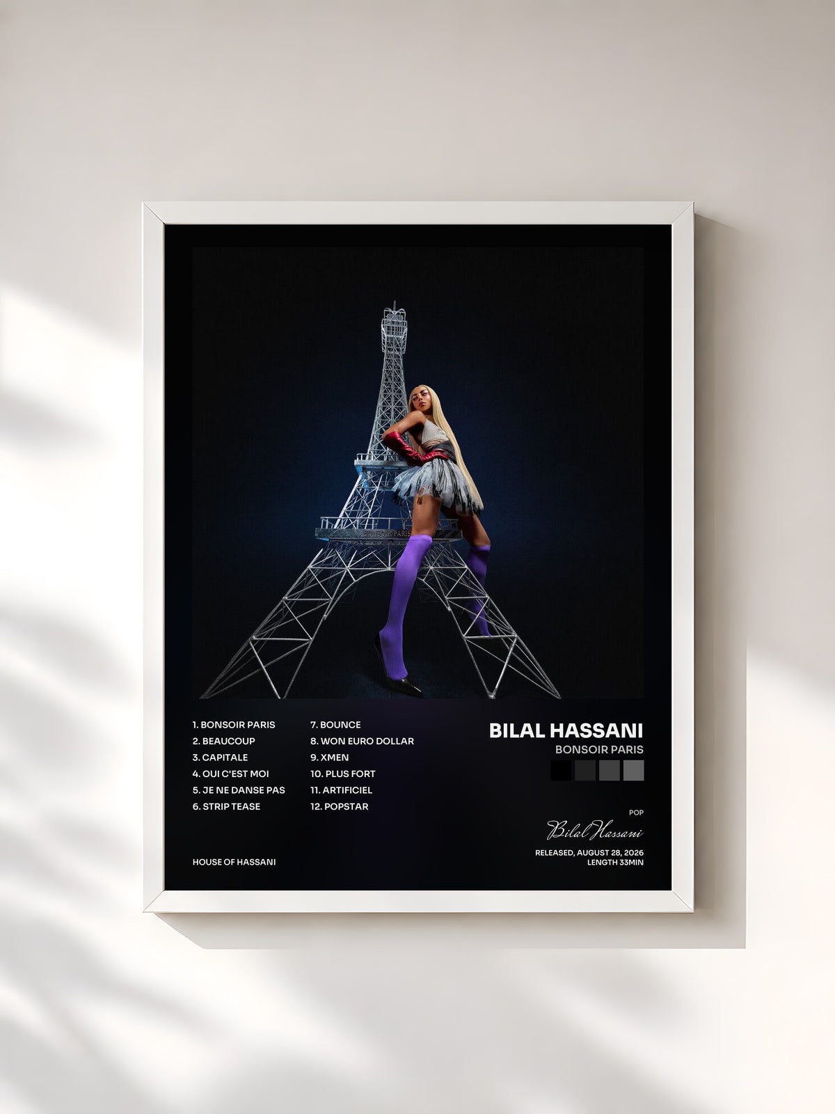 #blanc Tableau de l'album Bonsoir Paris de Bilal Hassani, cadre blanc, imprimé et encadré en France