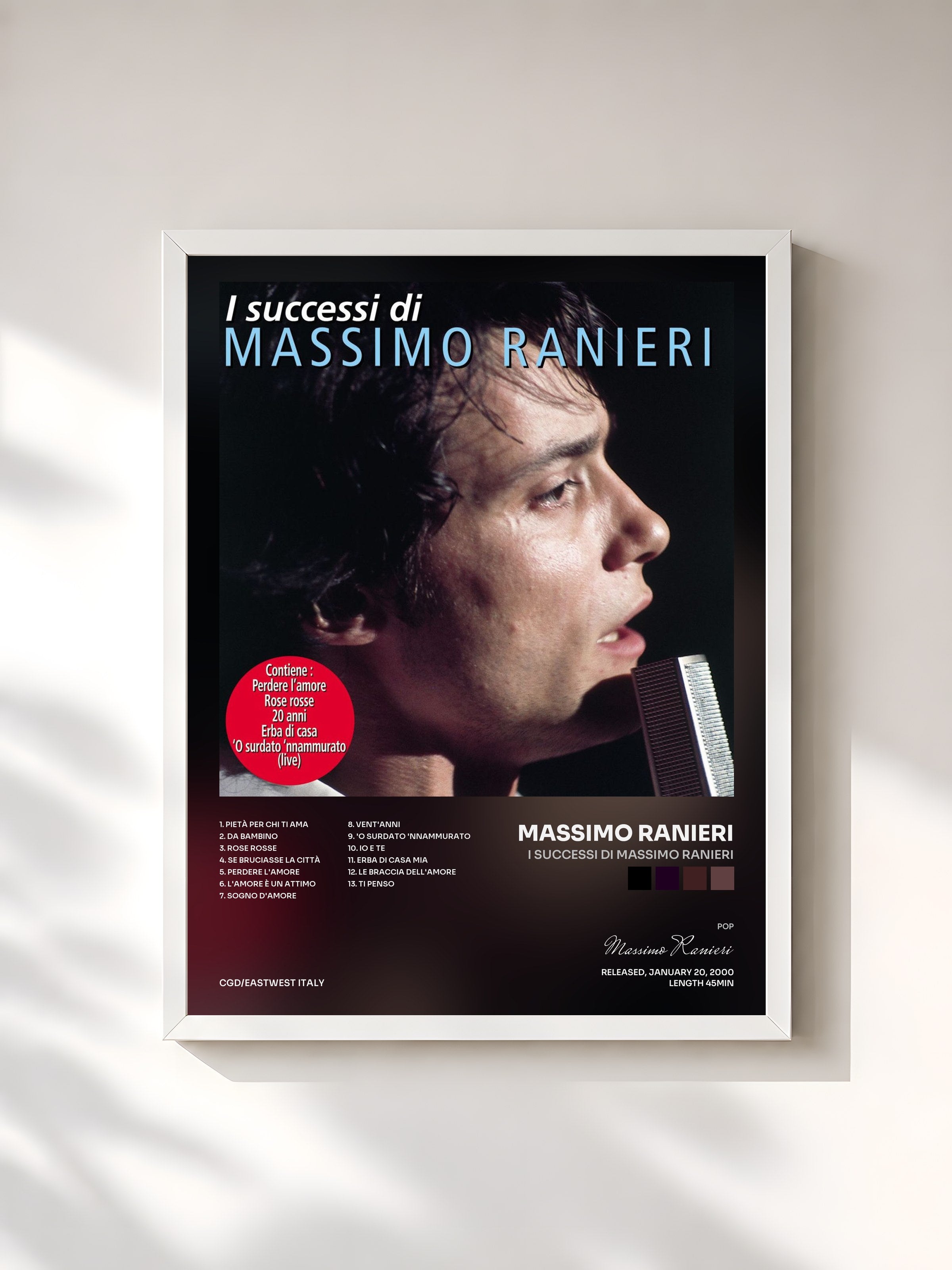 #blanc Tableau de l'album I Successi Di Massimo Ranieri de Massimo Ranieri, cadre blanc, imprimé et encadré en France