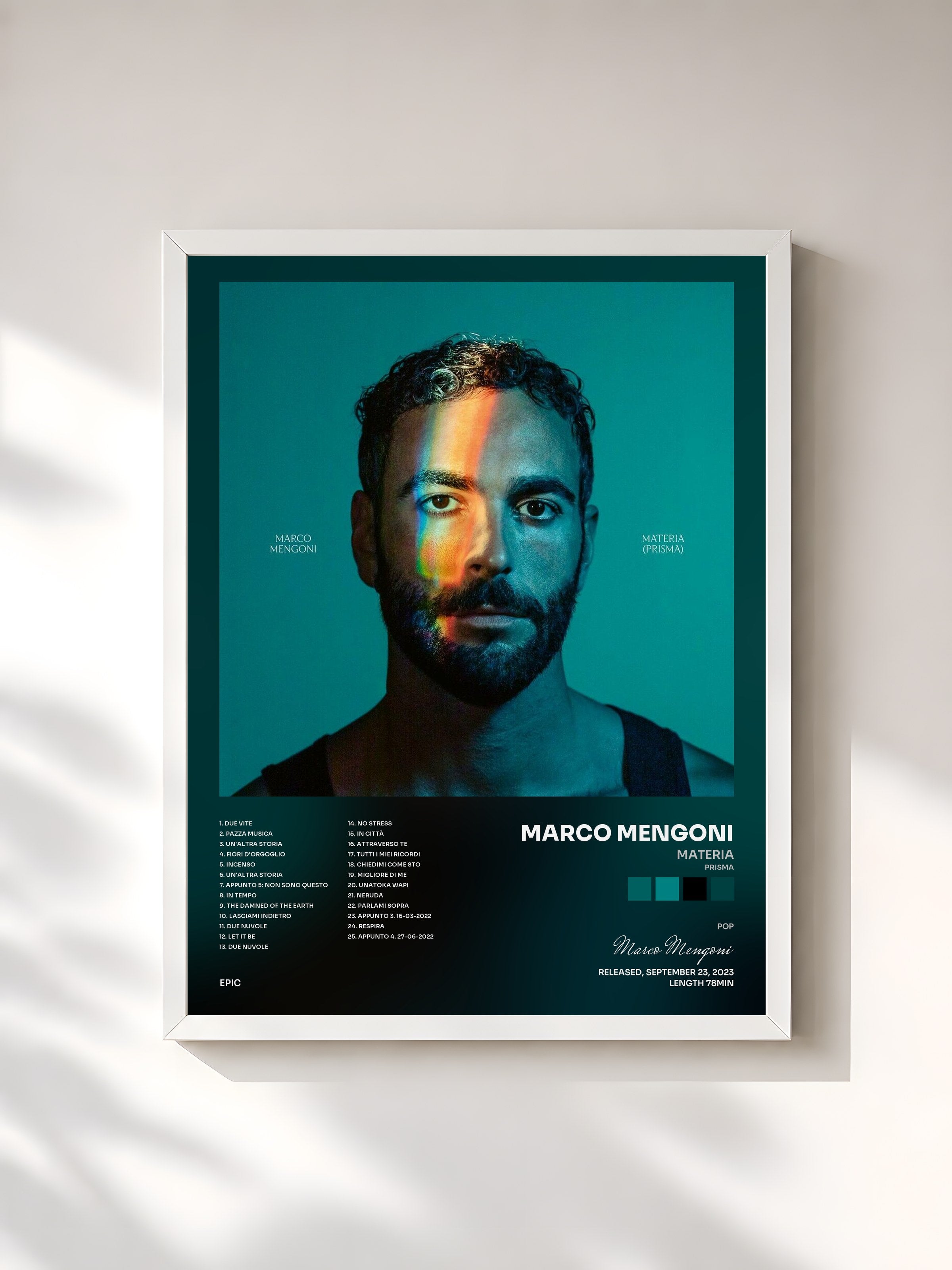 #blanc Tableau de l'album MATERIA (PRISMA) de Marco Mengoni, cadre blanc, imprimé et encadré en France