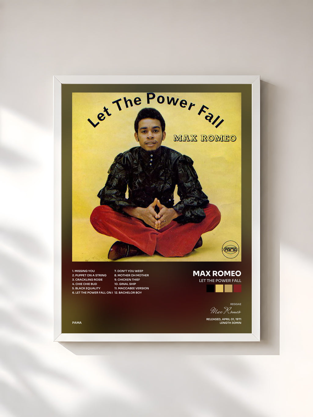 #blanc Tableau de l'album Let The Power Fall de Max Romeo, cadre blanc, imprimé et encadré en France