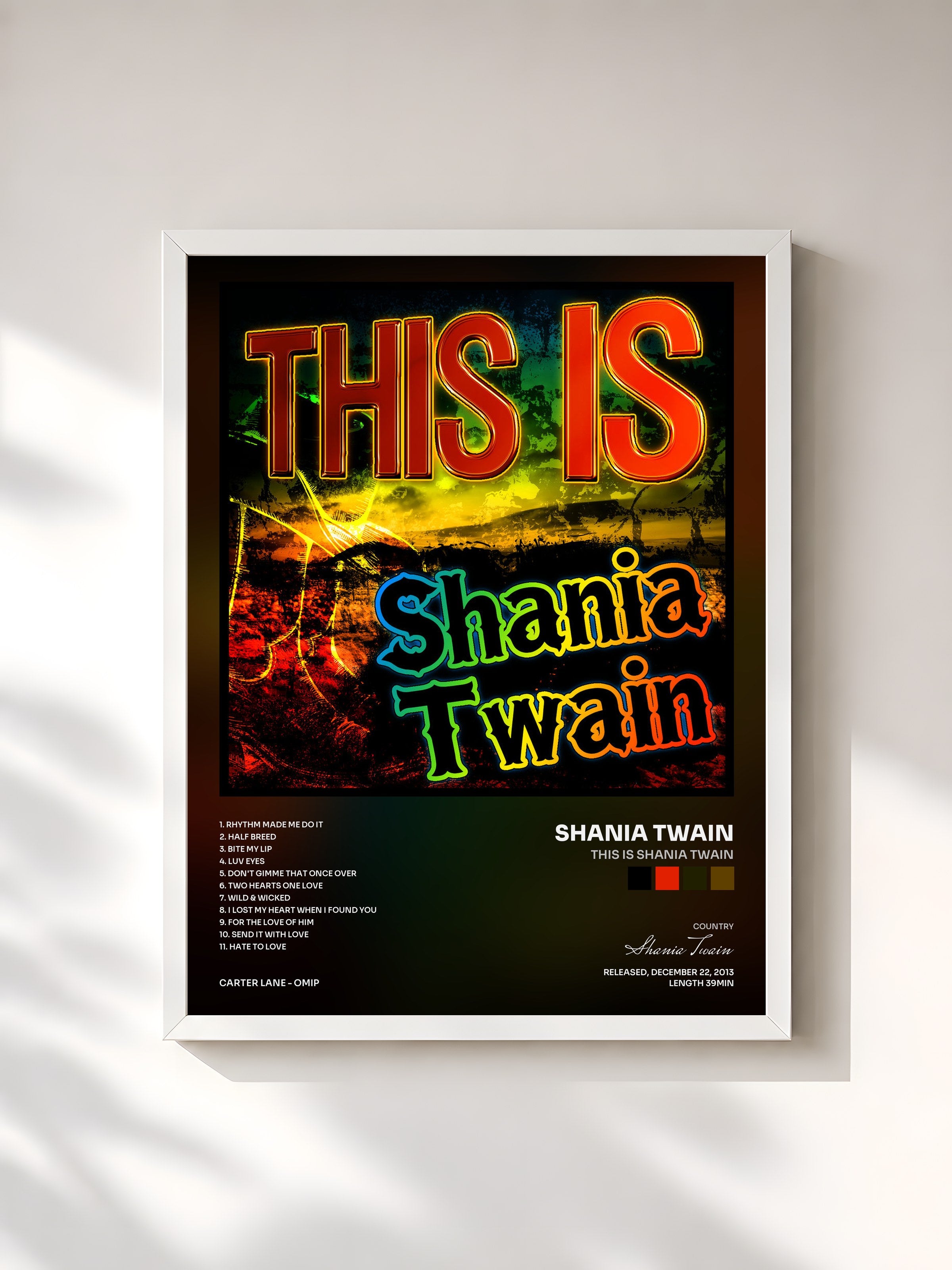 #blanc Tableau de l'album This Is Shania Twain de Shania Twain, cadre blanc, imprimé et encadré en France