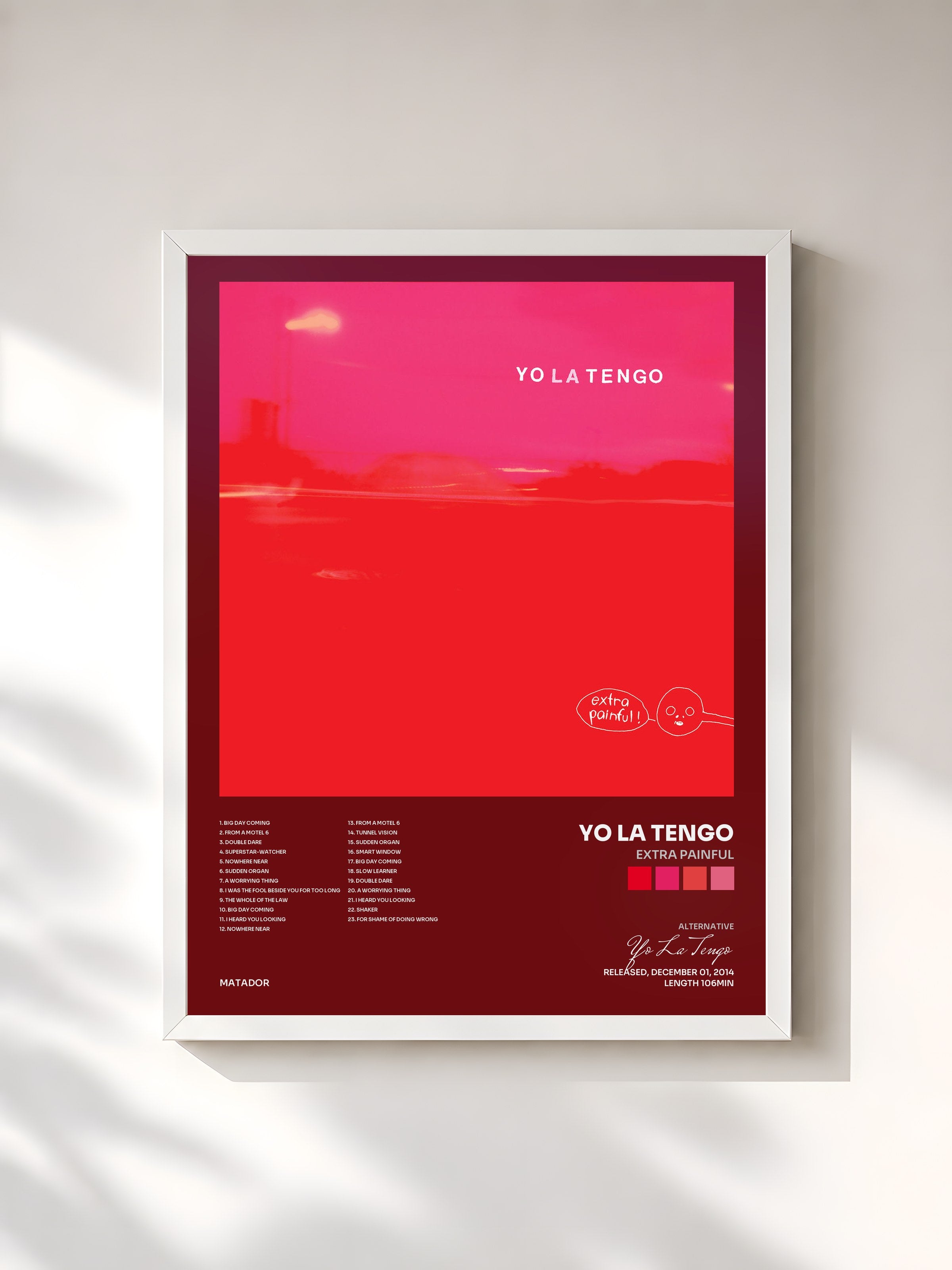 #blanc Tableau de l'album Extra Painful de Yo La Tengo, cadre blanc, imprimé et encadré en France