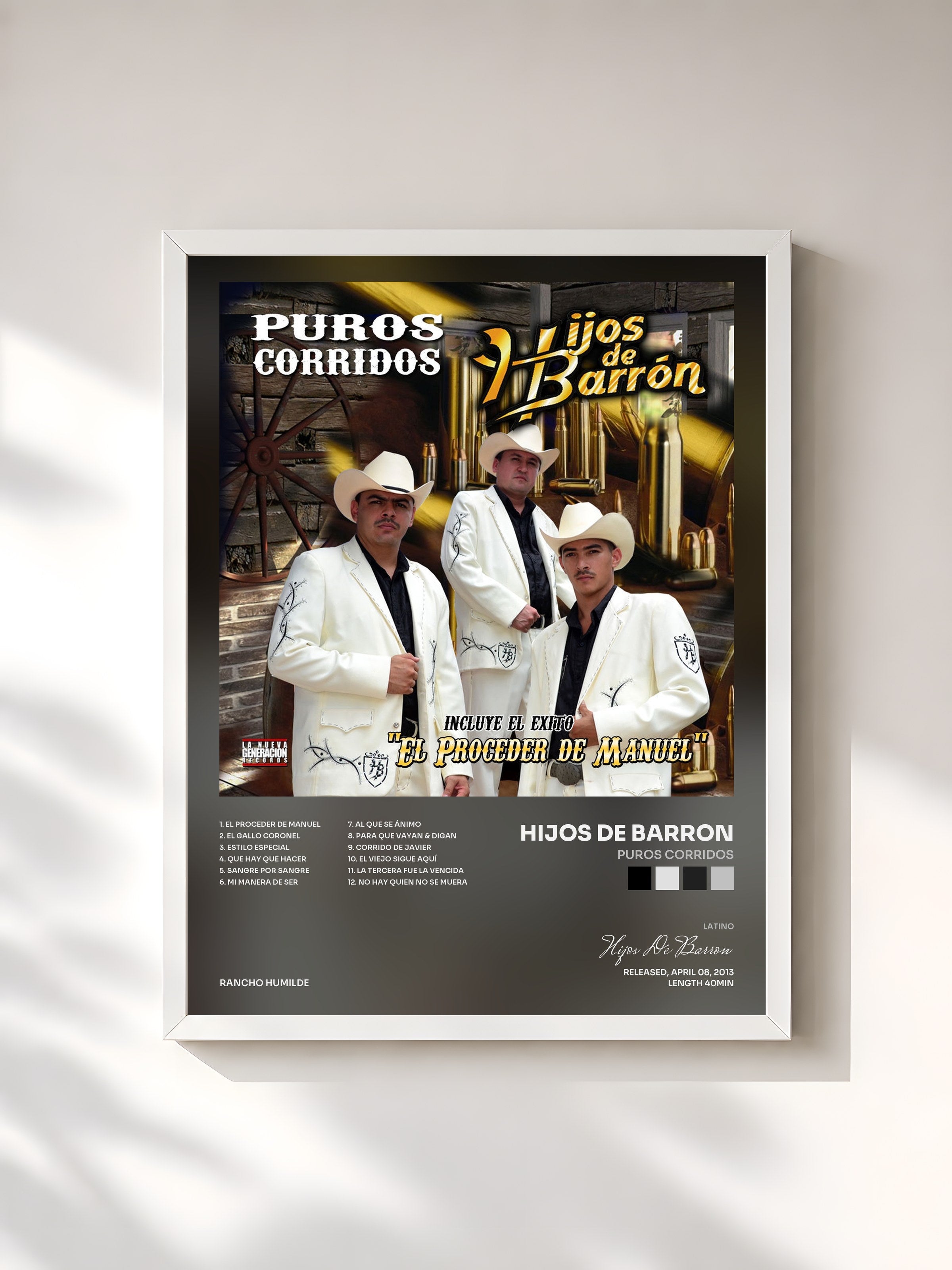 #blanc Tableau de l'album Puros Corridos de Hijos De Barron, cadre blanc, imprimé et encadré en France