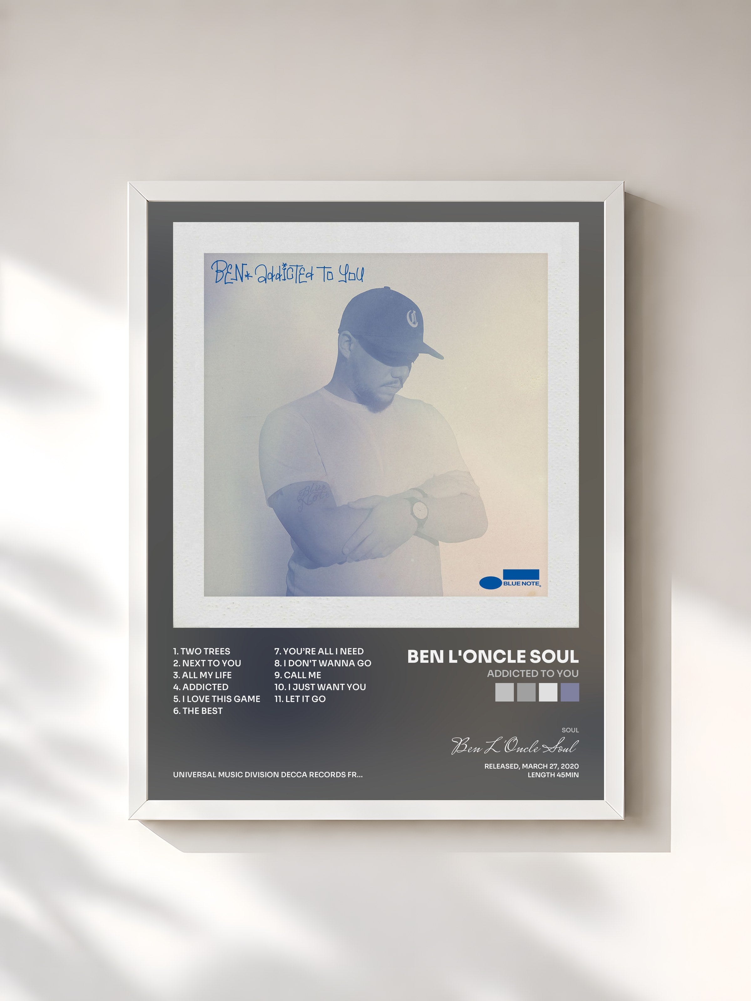 #blanc Tableau de l'album Addicted To You de Ben L'Oncle Soul, cadre blanc, imprimé et encadré en France