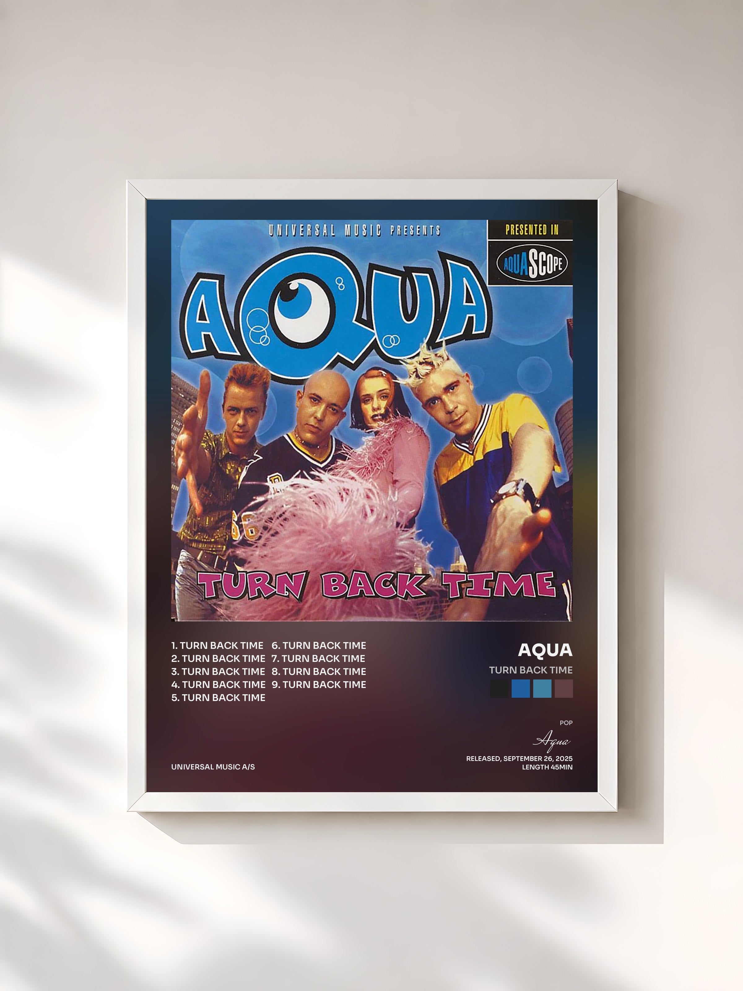 #blanc Tableau de l'album Turn Back Time de Aqua, cadre blanc, imprimé et encadré en France