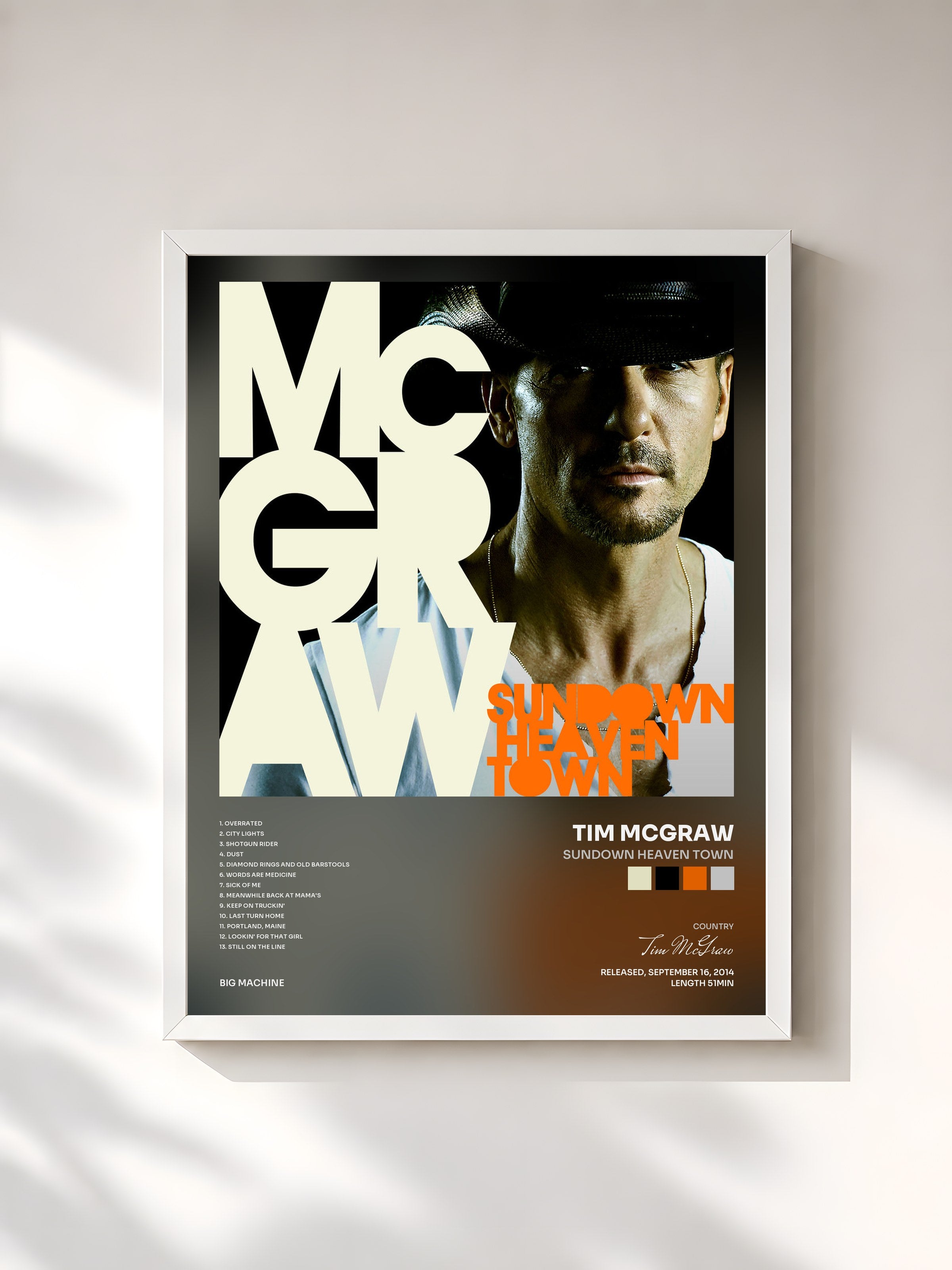 #blanc Tableau de l'album Sundown Heaven Town de Tim McGraw, cadre blanc, imprimé et encadré en France