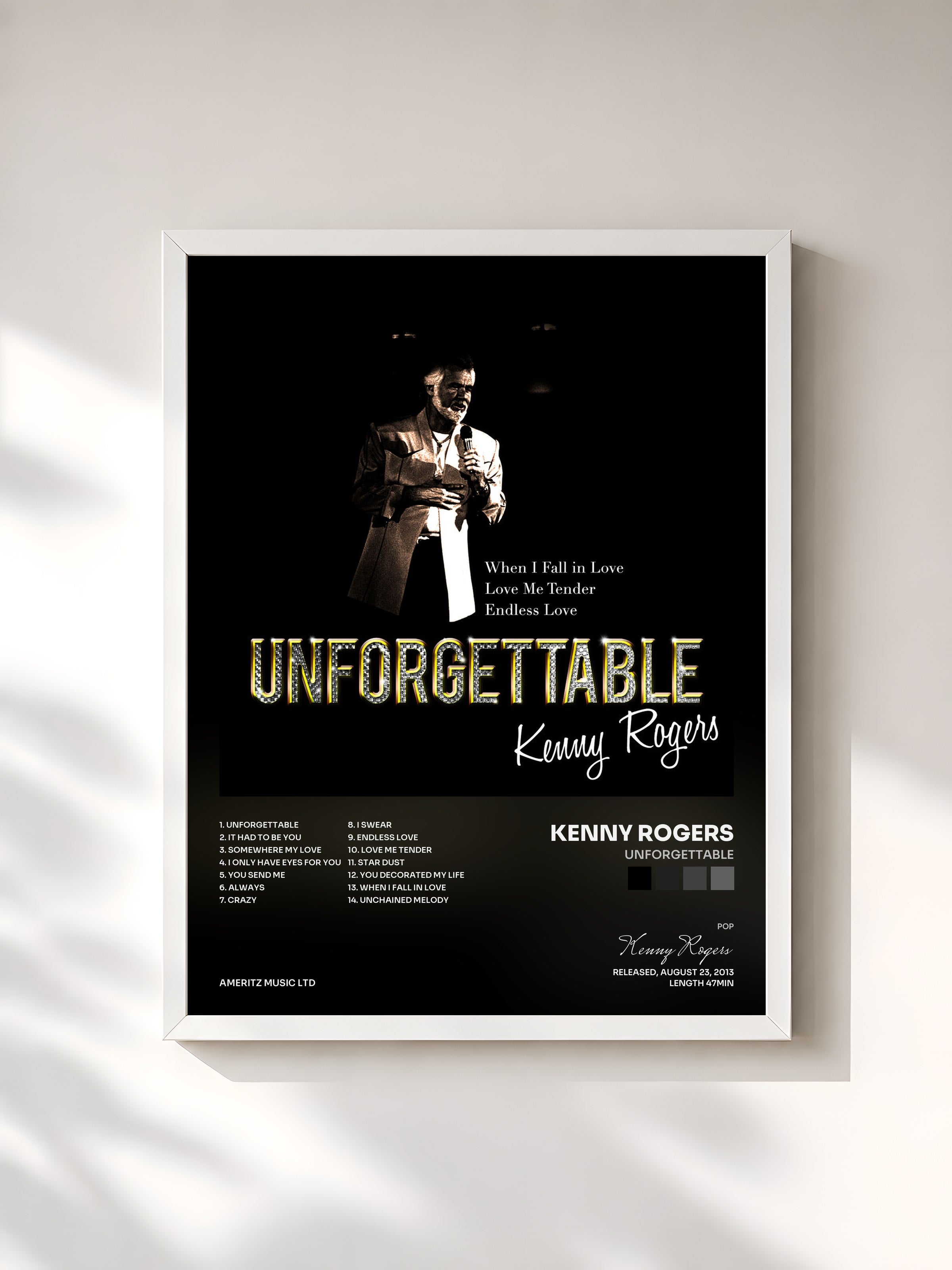 #blanc Tableau de l'album Unforgettable de Kenny Rogers, cadre blanc, imprimé et encadré en France