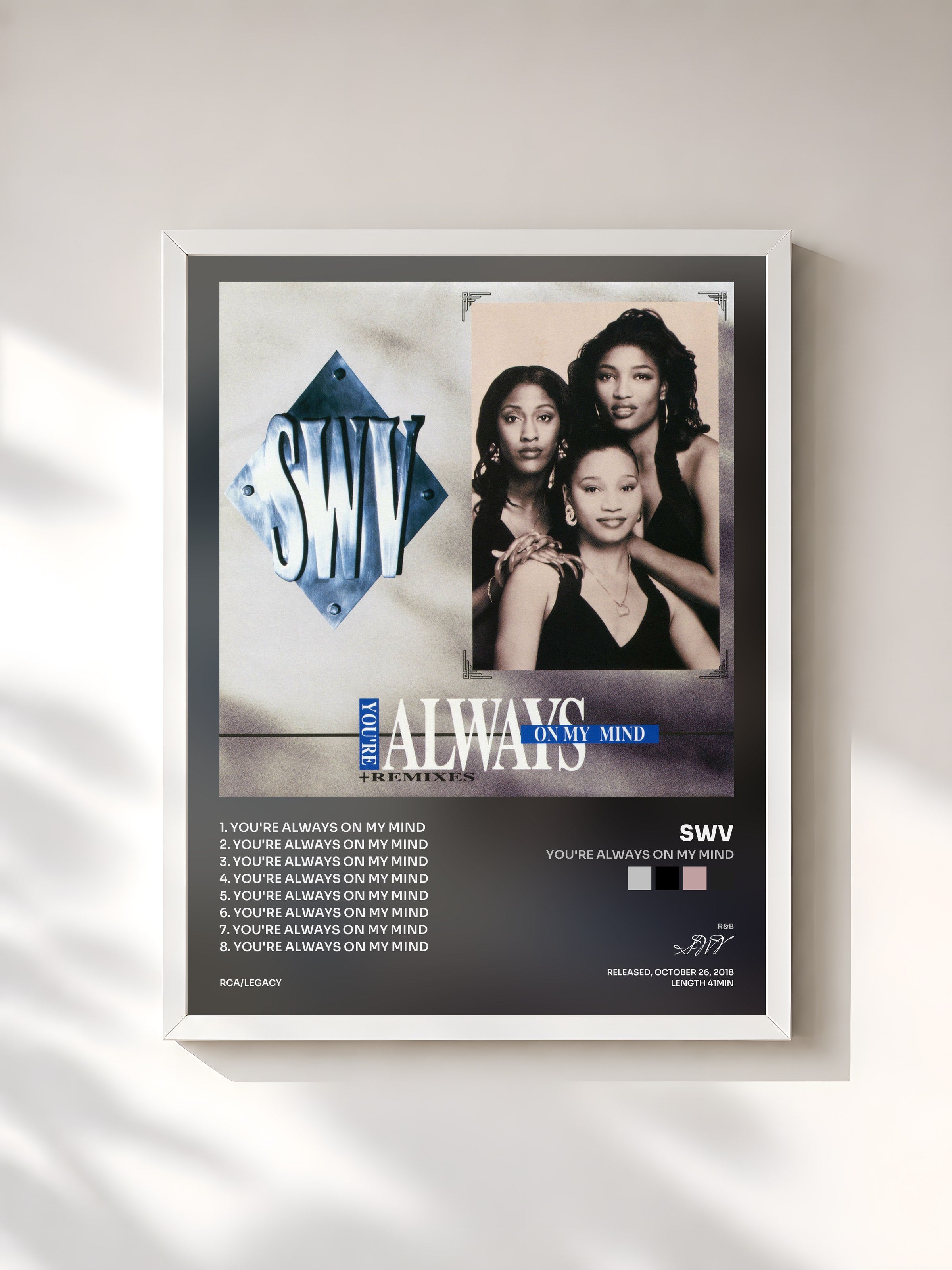 #blanc Tableau de l'album You're Always On My Mind de SWV, cadre blanc, imprimé et encadré en France