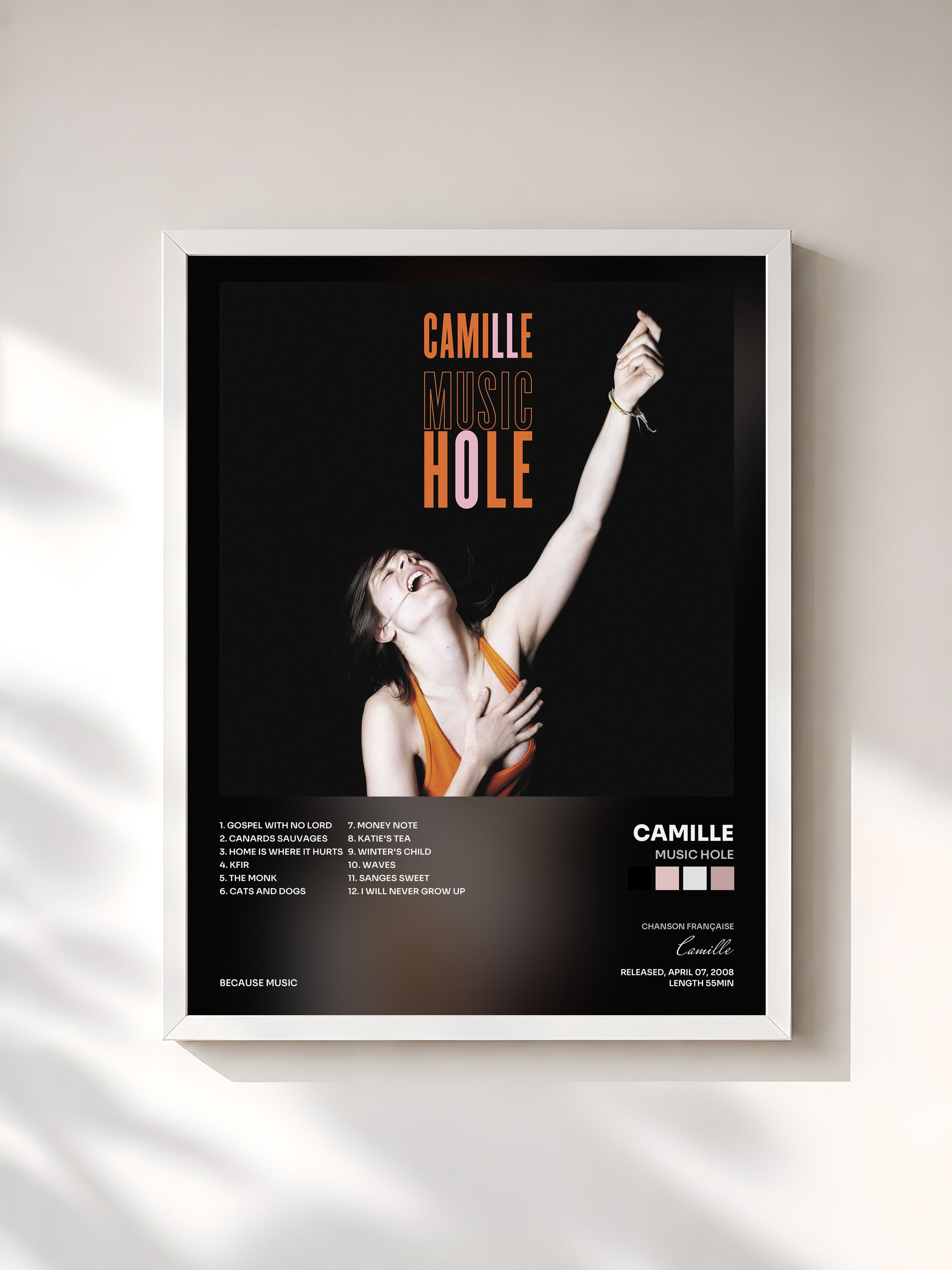 #blanc Tableau de l'album Music Hole de Camille, cadre blanc, imprimé et encadré en France
