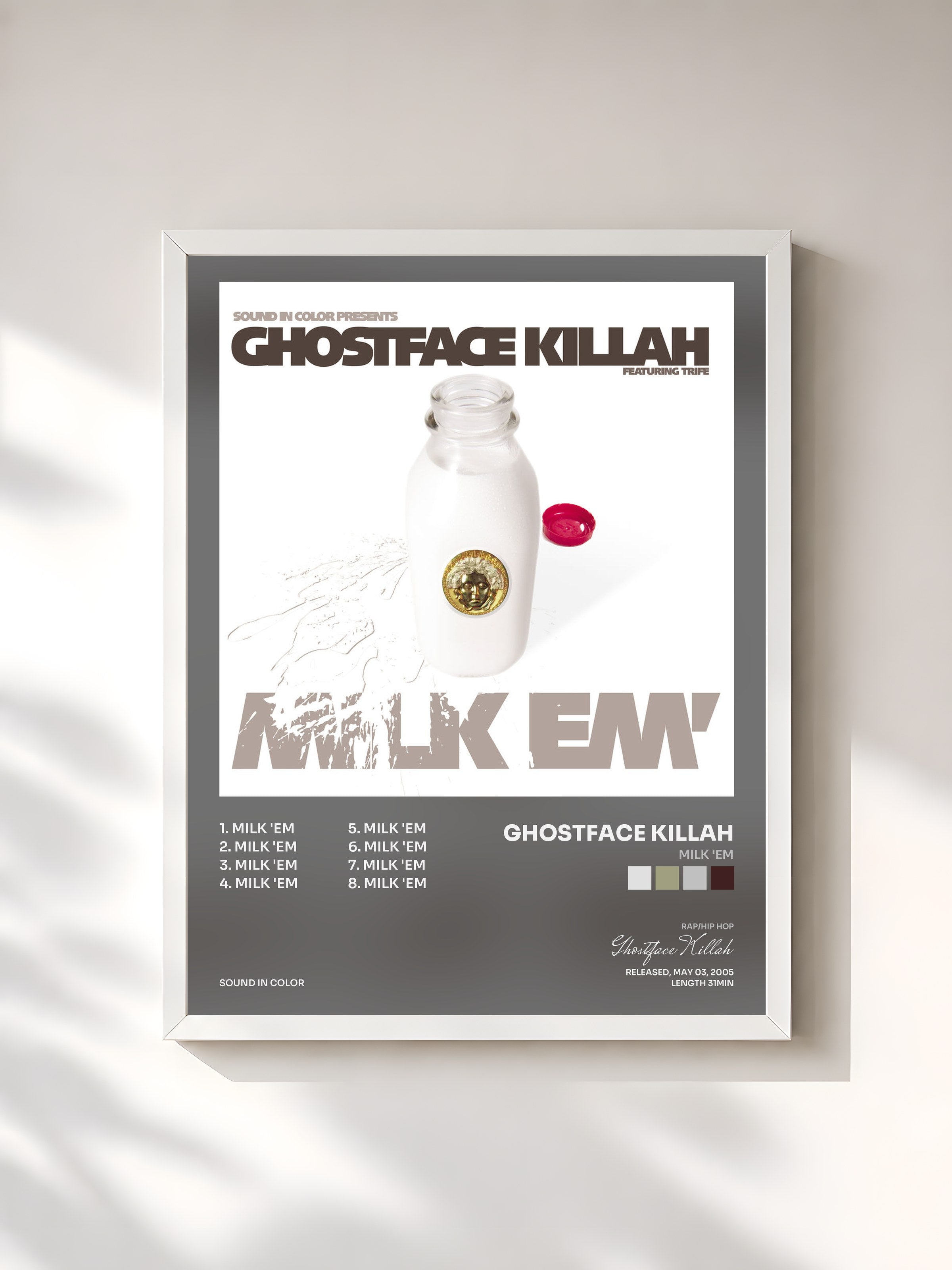 #blanc Tableau de l'album Milk 'Em de Ghostface Killah, cadre blanc, imprimé et encadré en France