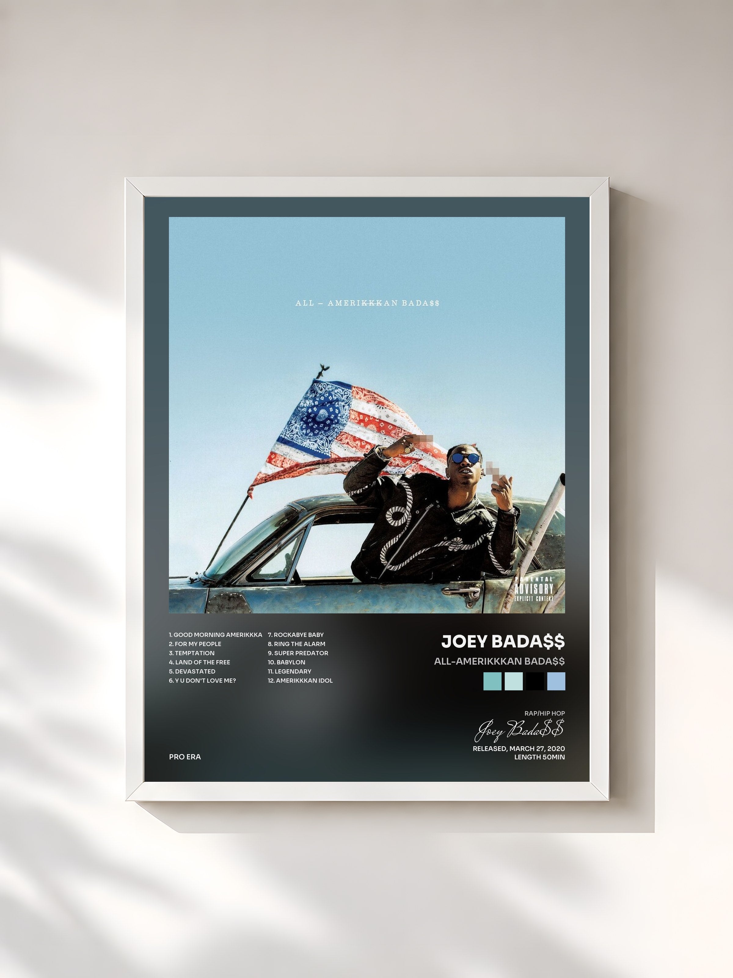 #blanc Tableau de l'album ALL-AMERIKKKAN BADA$$ de Joey Bada$$, cadre blanc, imprimé et encadré en France