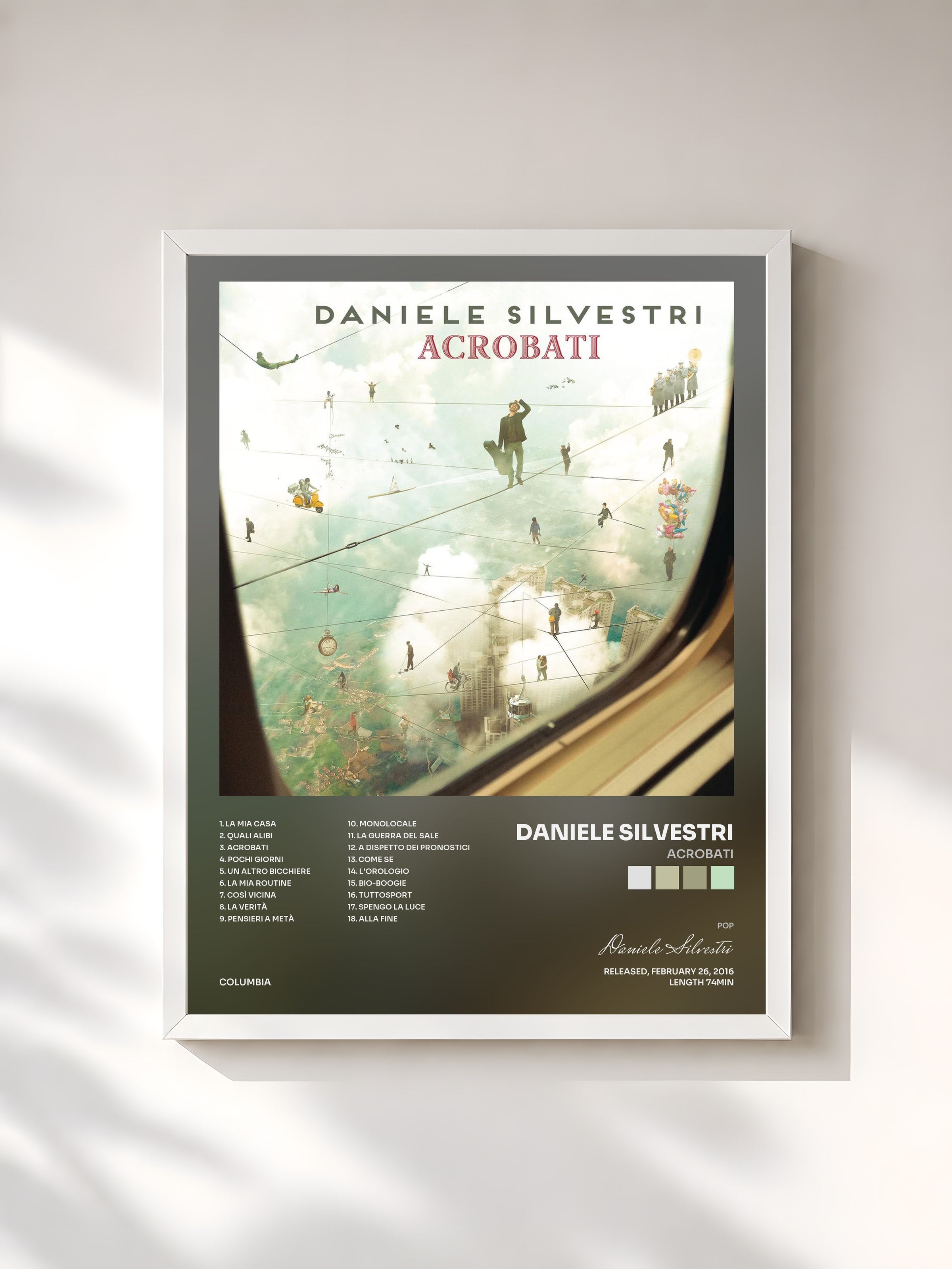 #blanc Tableau de l'album Acrobati de Daniele Silvestri, cadre blanc, imprimé et encadré en France