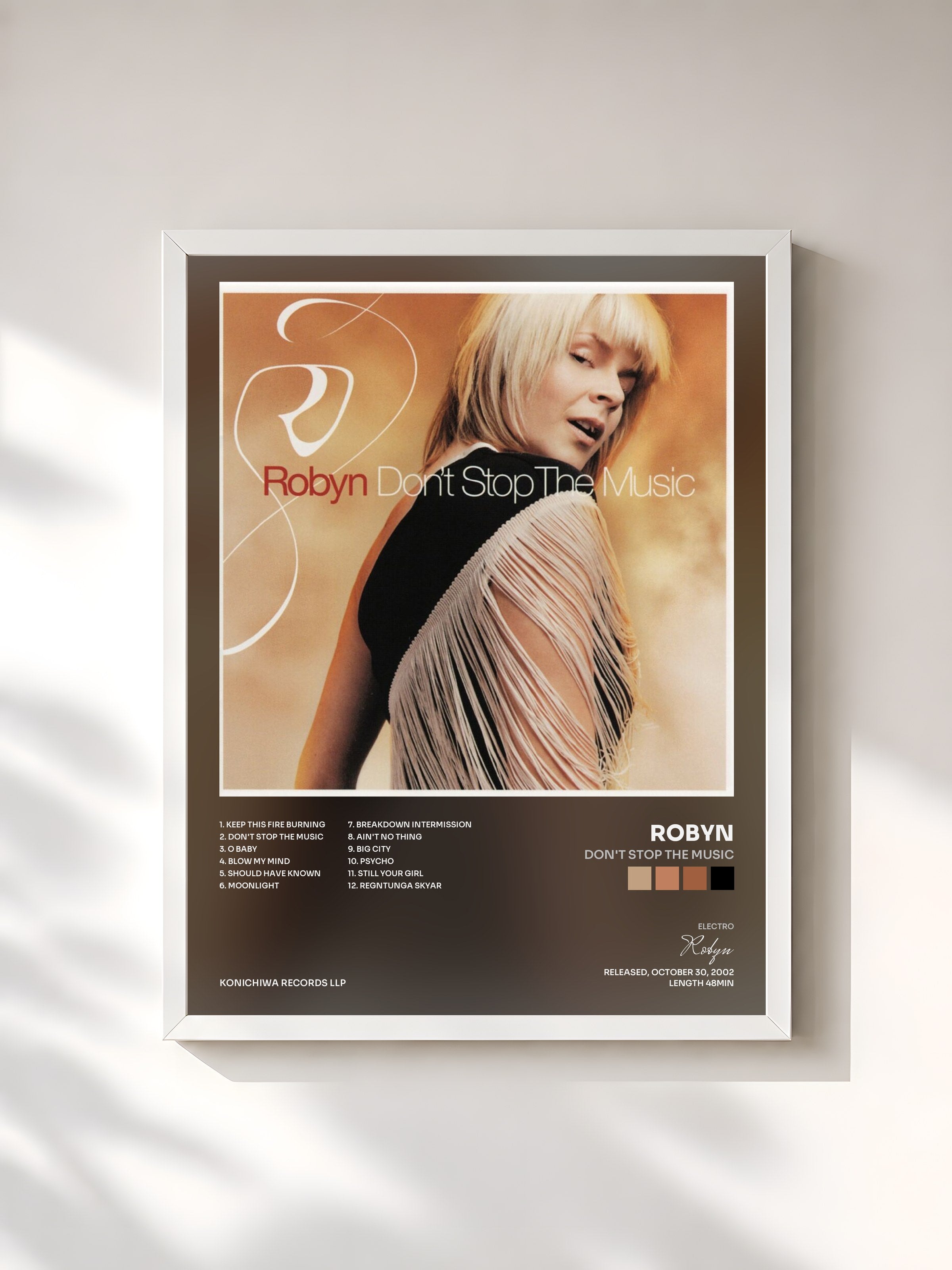 #blanc Tableau de l'album Don't Stop the Music de Robyn, cadre blanc, imprimé et encadré en France