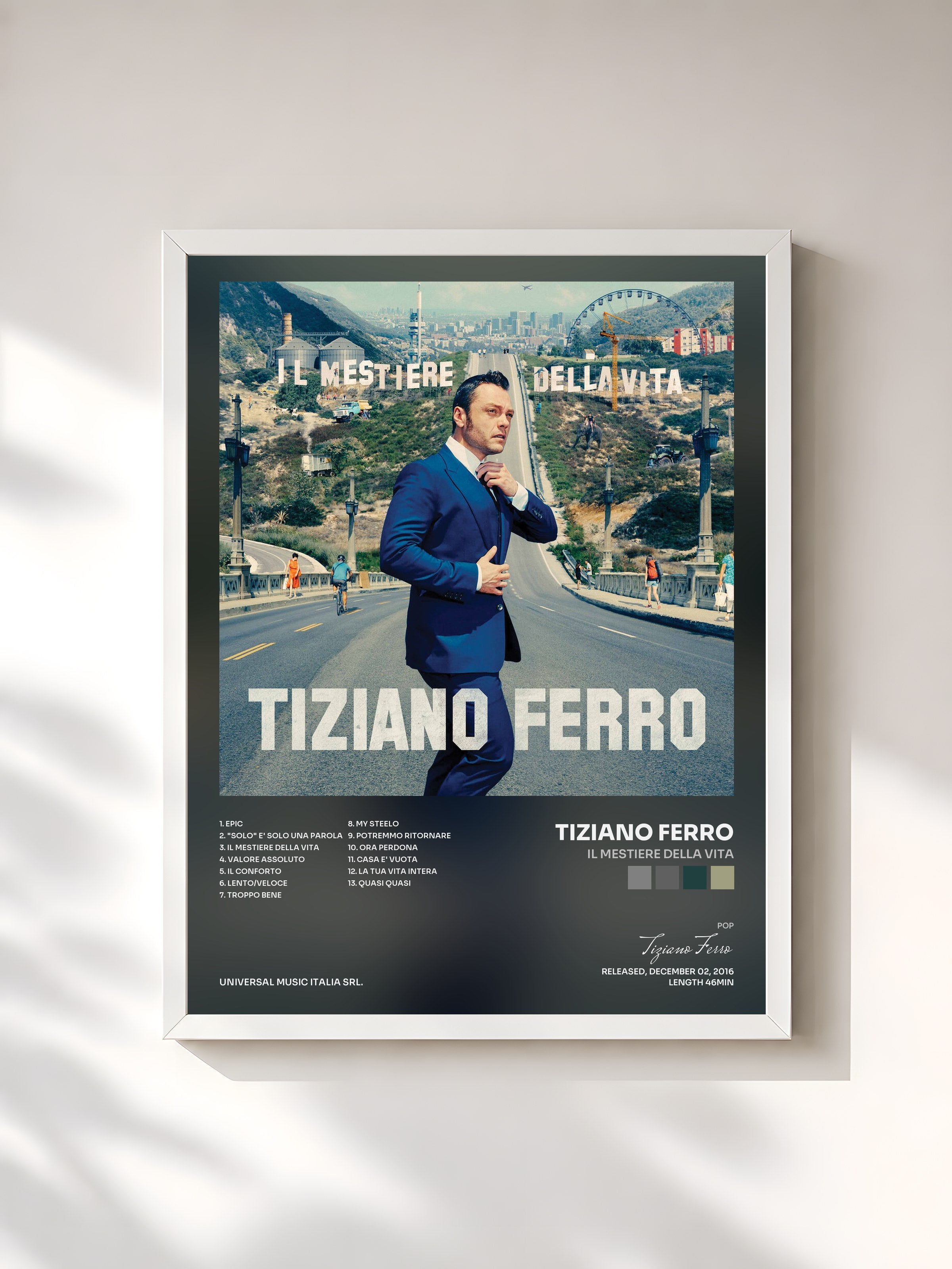 #blanc Tableau de l'album Il Mestiere Della Vita de Tiziano Ferro, cadre blanc, imprimé et encadré en France