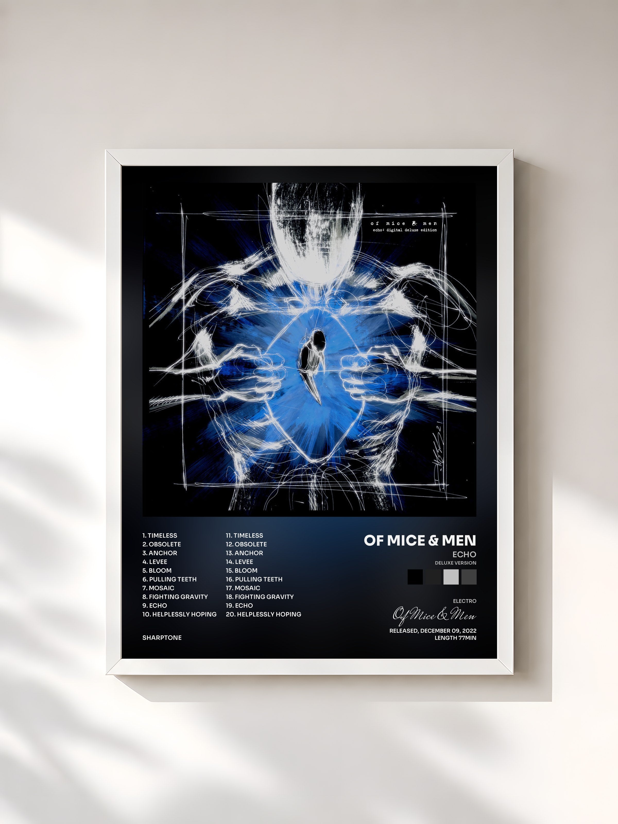 #blanc Tableau de l'album Echo (Deluxe Version) de Of Mice & Men, cadre blanc, imprimé et encadré en France