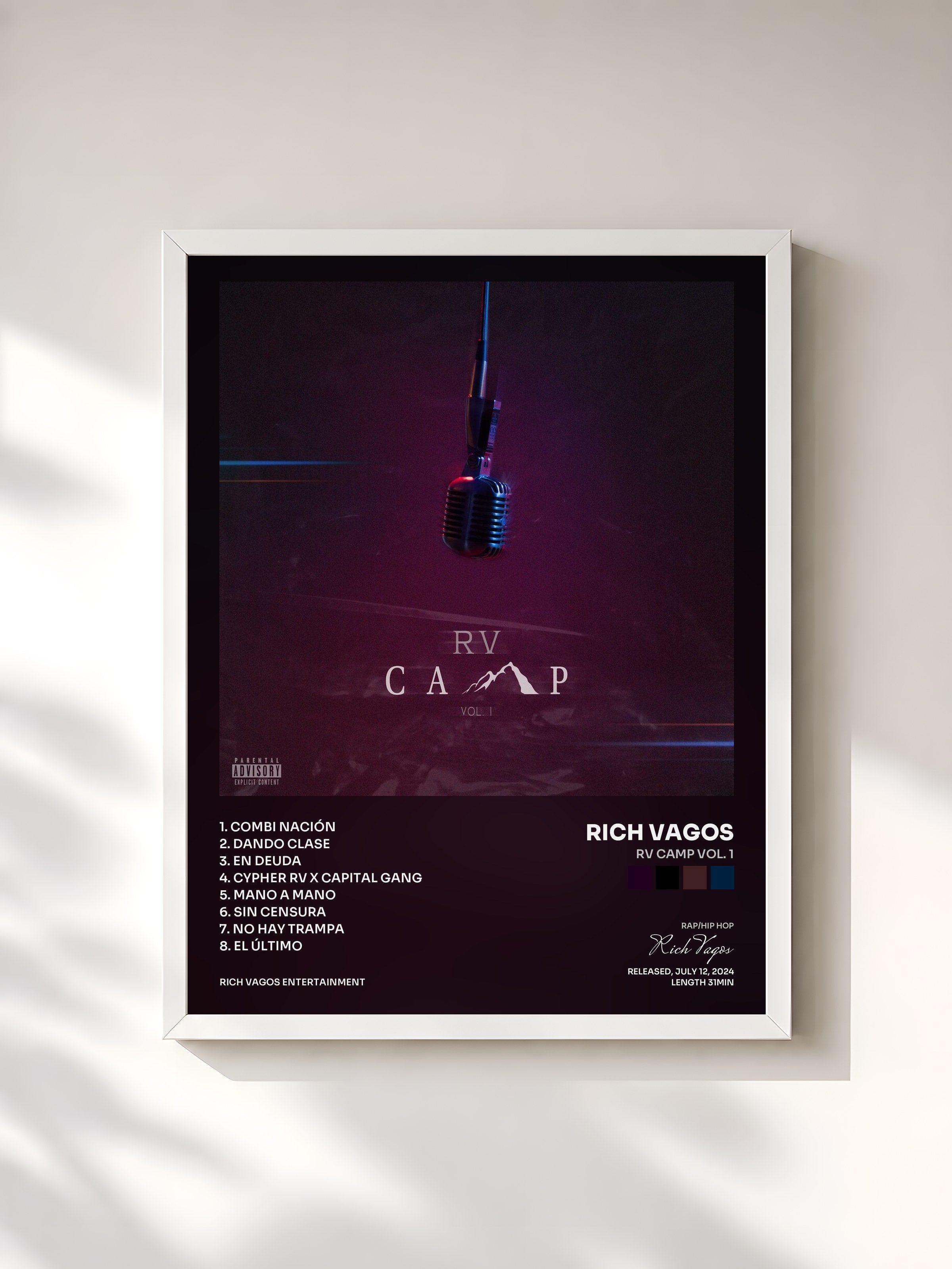 #blanc Tableau de l'album RV Camp Vol. 1 de Rich Vagos, cadre blanc, imprimé et encadré en France