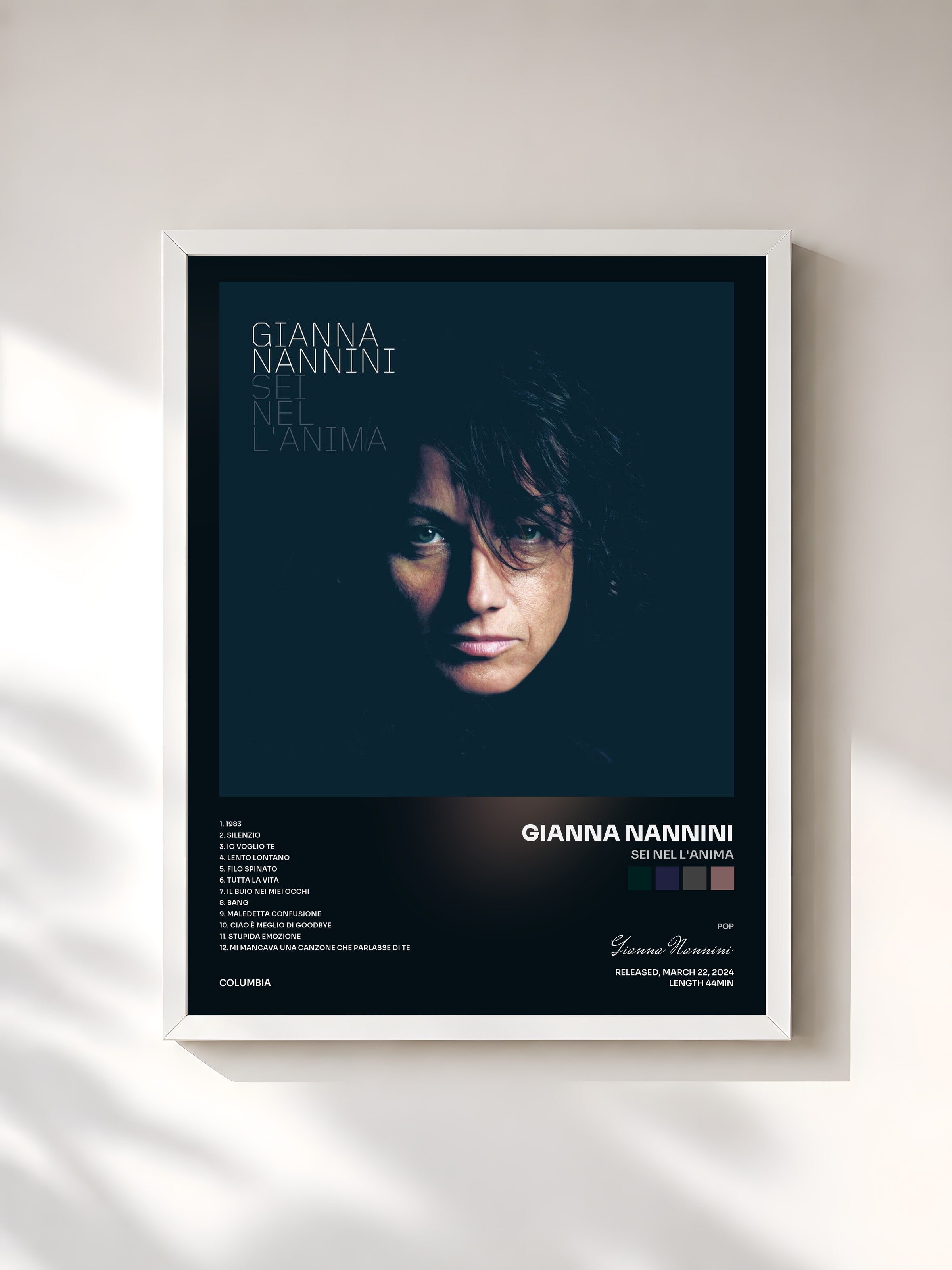 #blanc Tableau de l'album Sei nel l'anima de Gianna Nannini, cadre blanc, imprimé et encadré en France