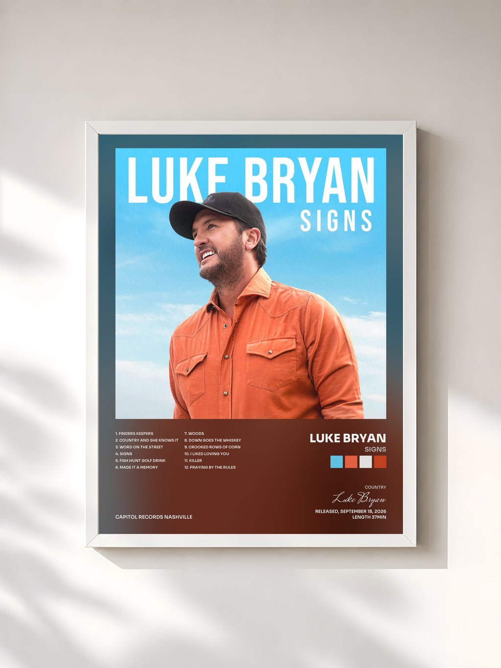 #blanc Tableau de l'album Signs de Luke Bryan, cadre blanc, imprimé et encadré en France