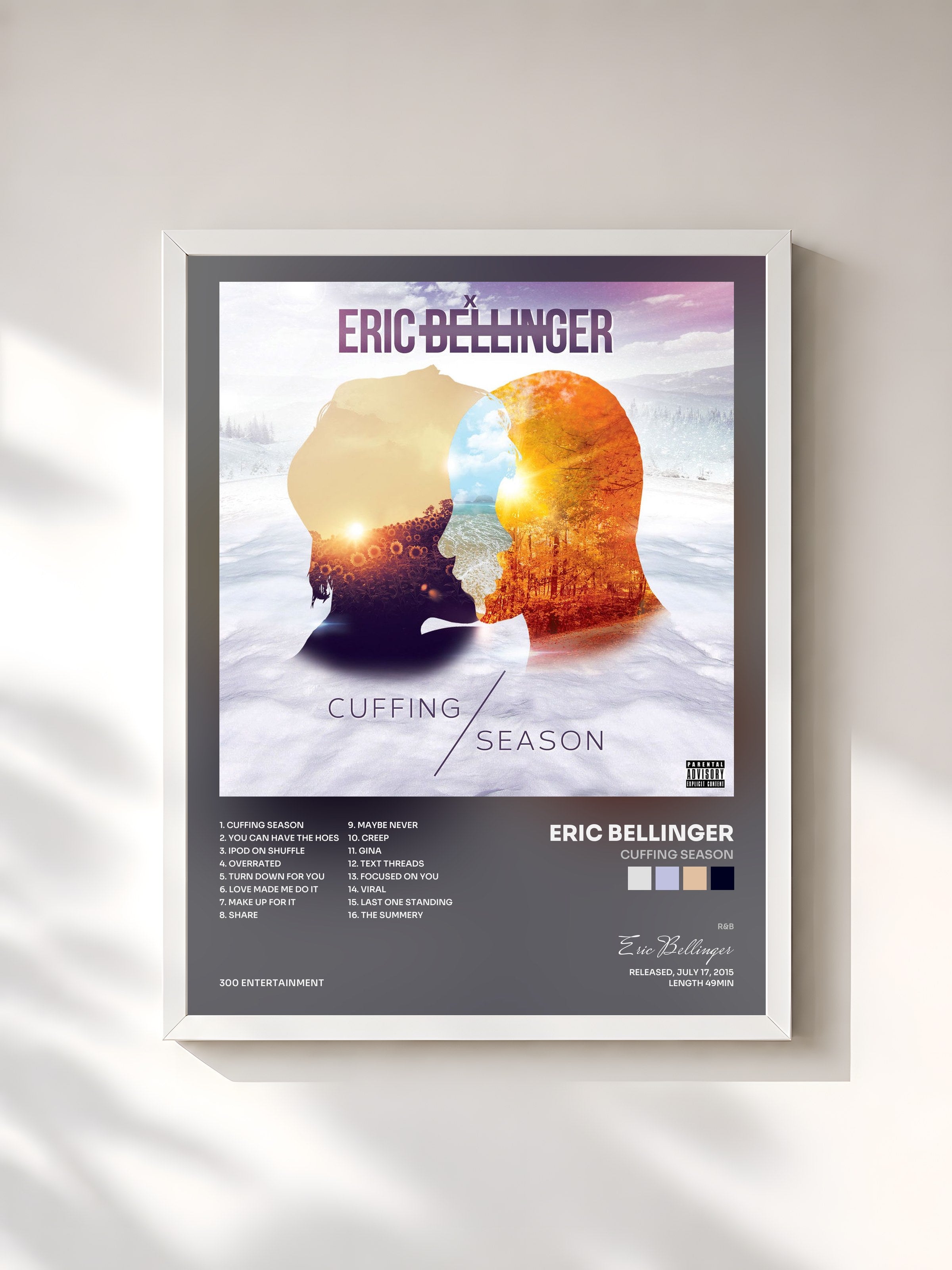 #blanc Tableau de l'album Cuffing Season de Eric Bellinger, cadre blanc, imprimé et encadré en France
