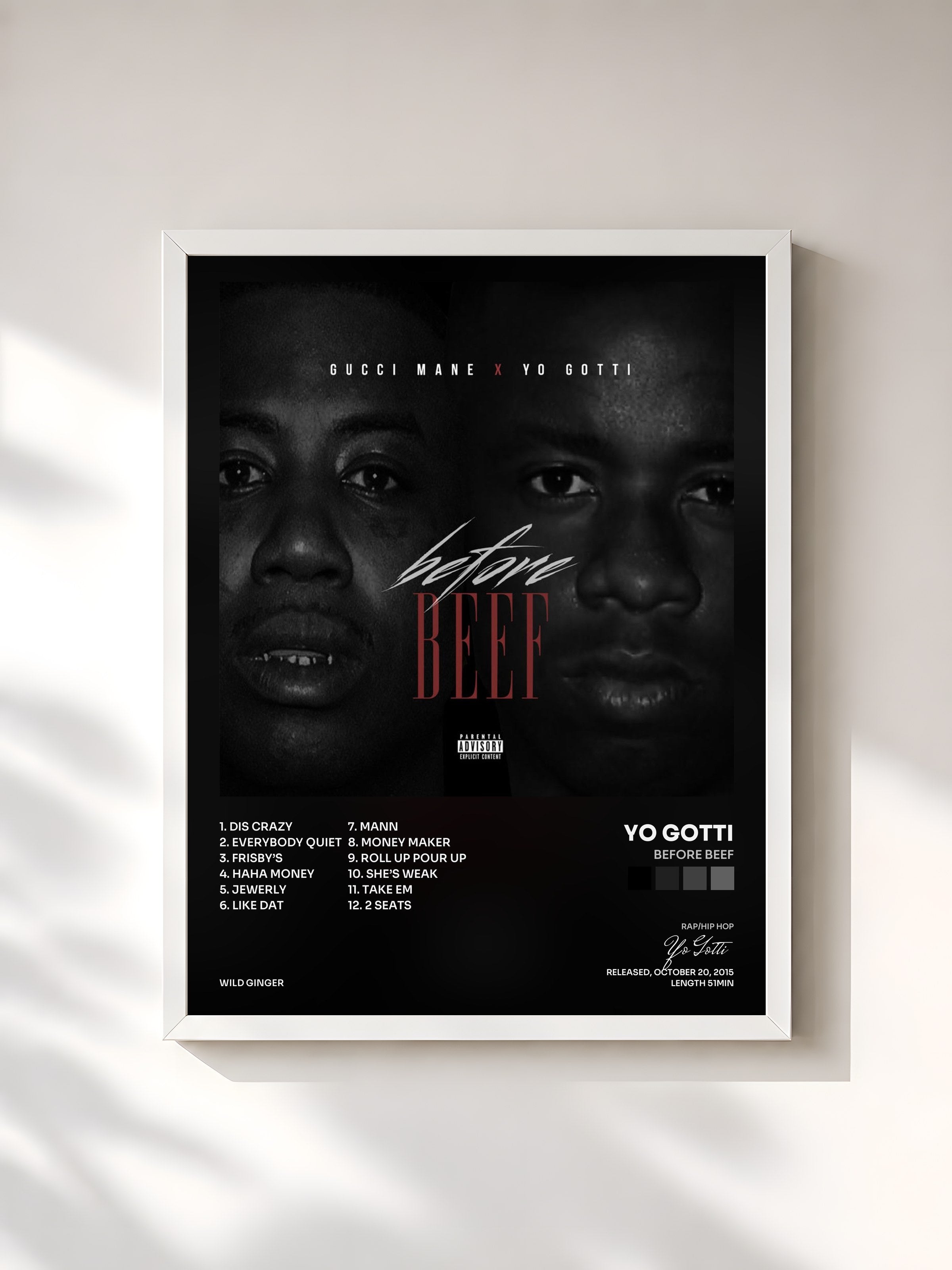 #blanc Tableau de l'album Before Beef de Yo Gotti, cadre blanc, imprimé et encadré en France