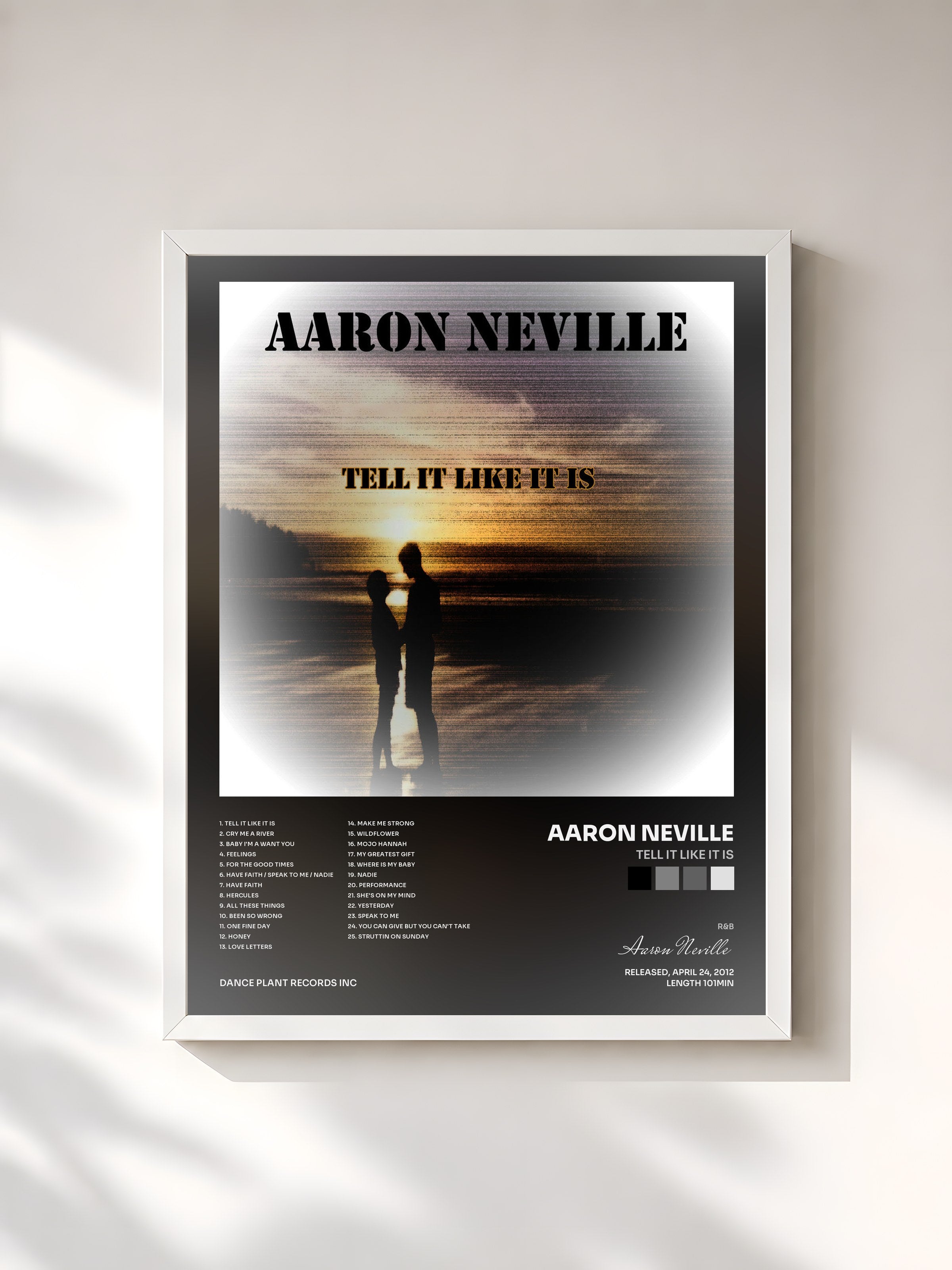 #blanc Tableau de l'album Tell It Like It Is de Aaron Neville, cadre blanc, imprimé et encadré en France